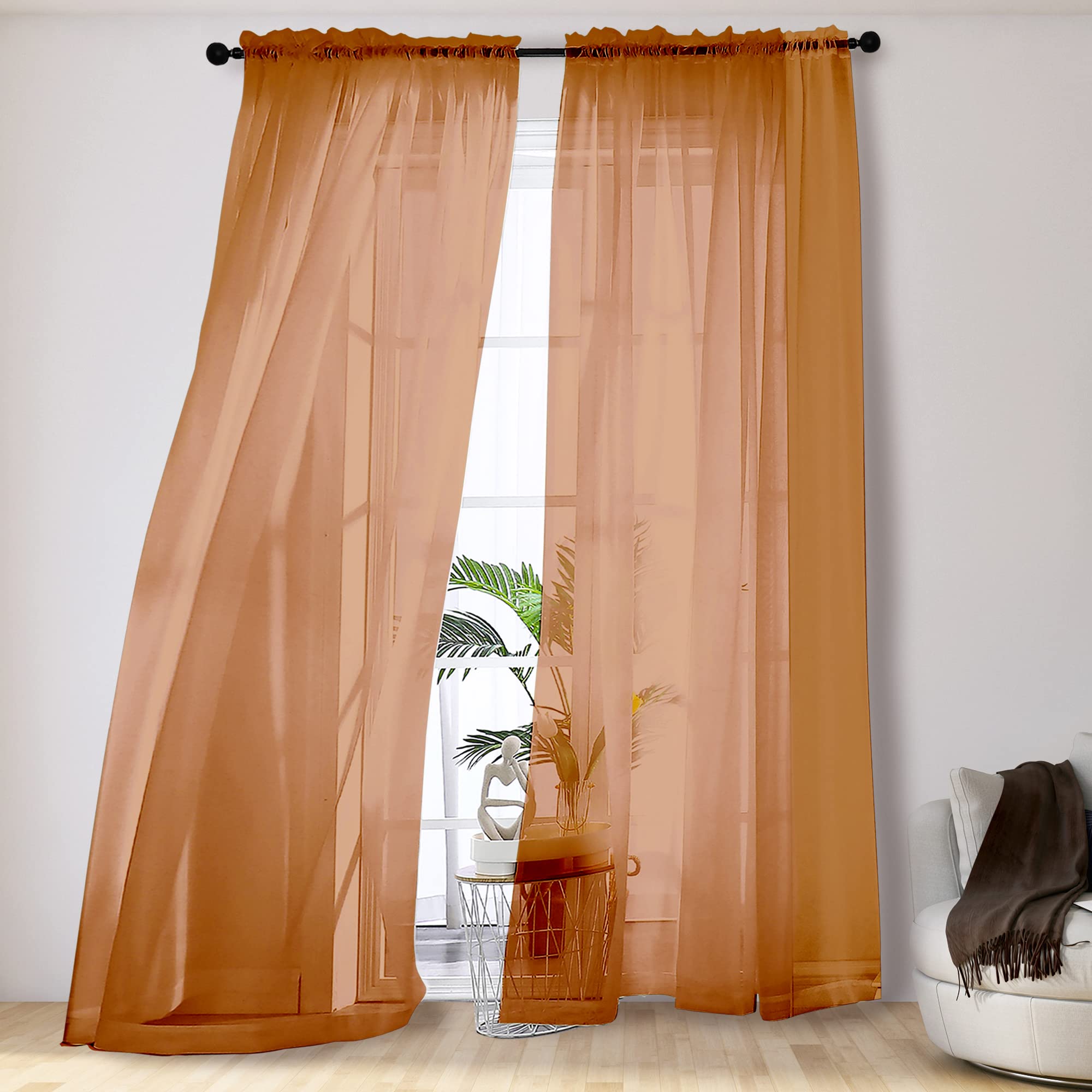 Ovzme Orange Sheer Curtains 108 Inches Long, Light Filtering Semi Transparent Lightweight Voile Rod Pocket Window Curtains For B