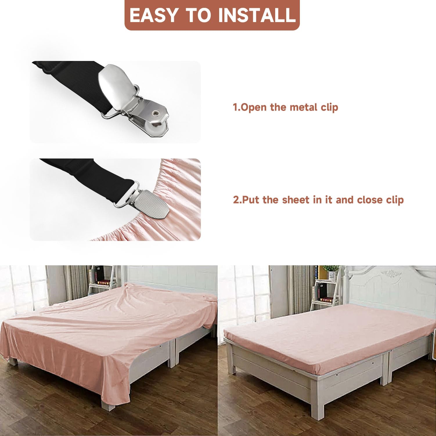 Bozenu Bed Sheet Straps - Non-Slip Fitted Sheet Holders for Corners, Black (4 Pcs) - Upgrade Your Bedding with Secure Clips