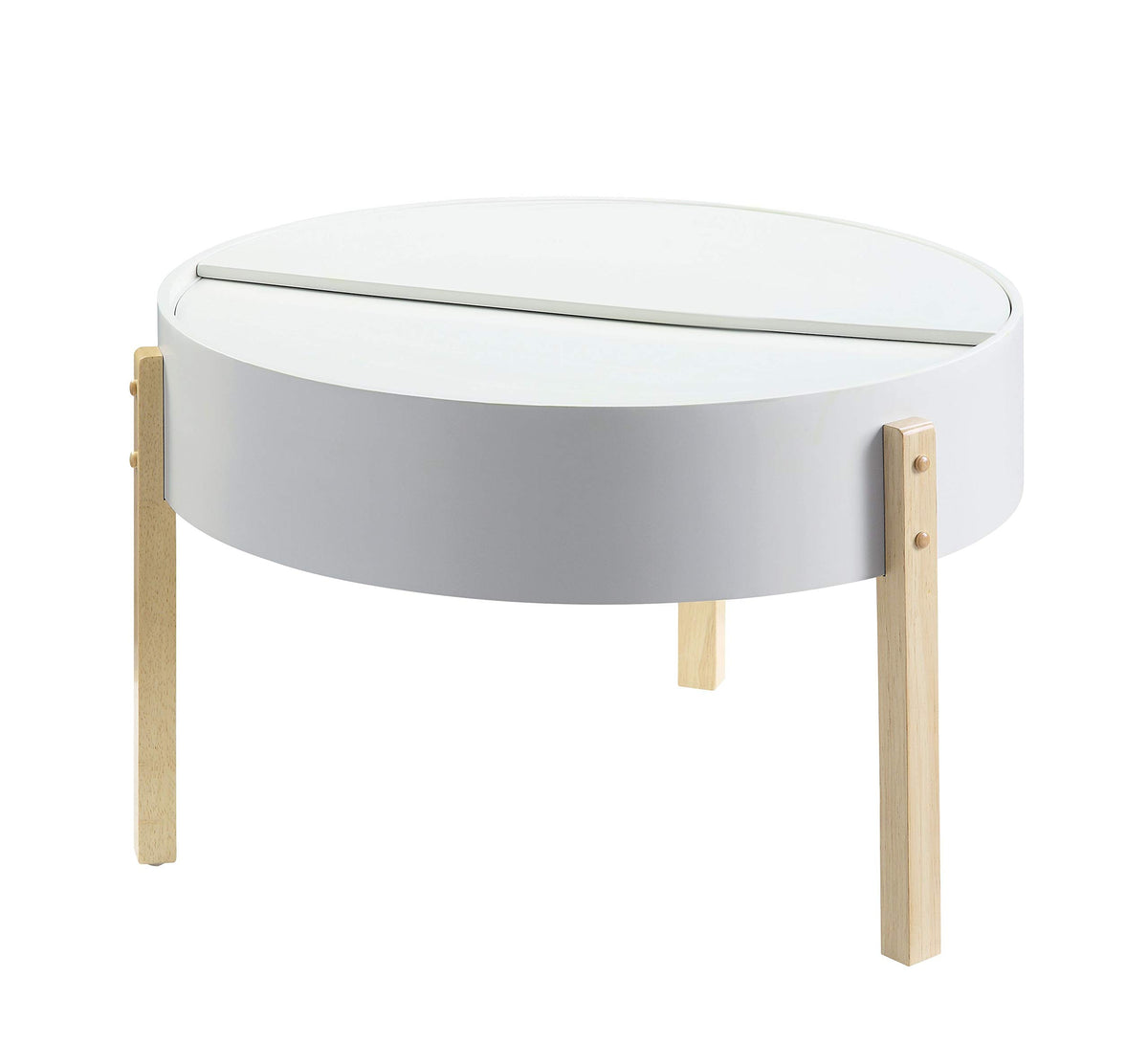 Benjara Round Wooden Coffee Table With Hidden Storage, White And Brown