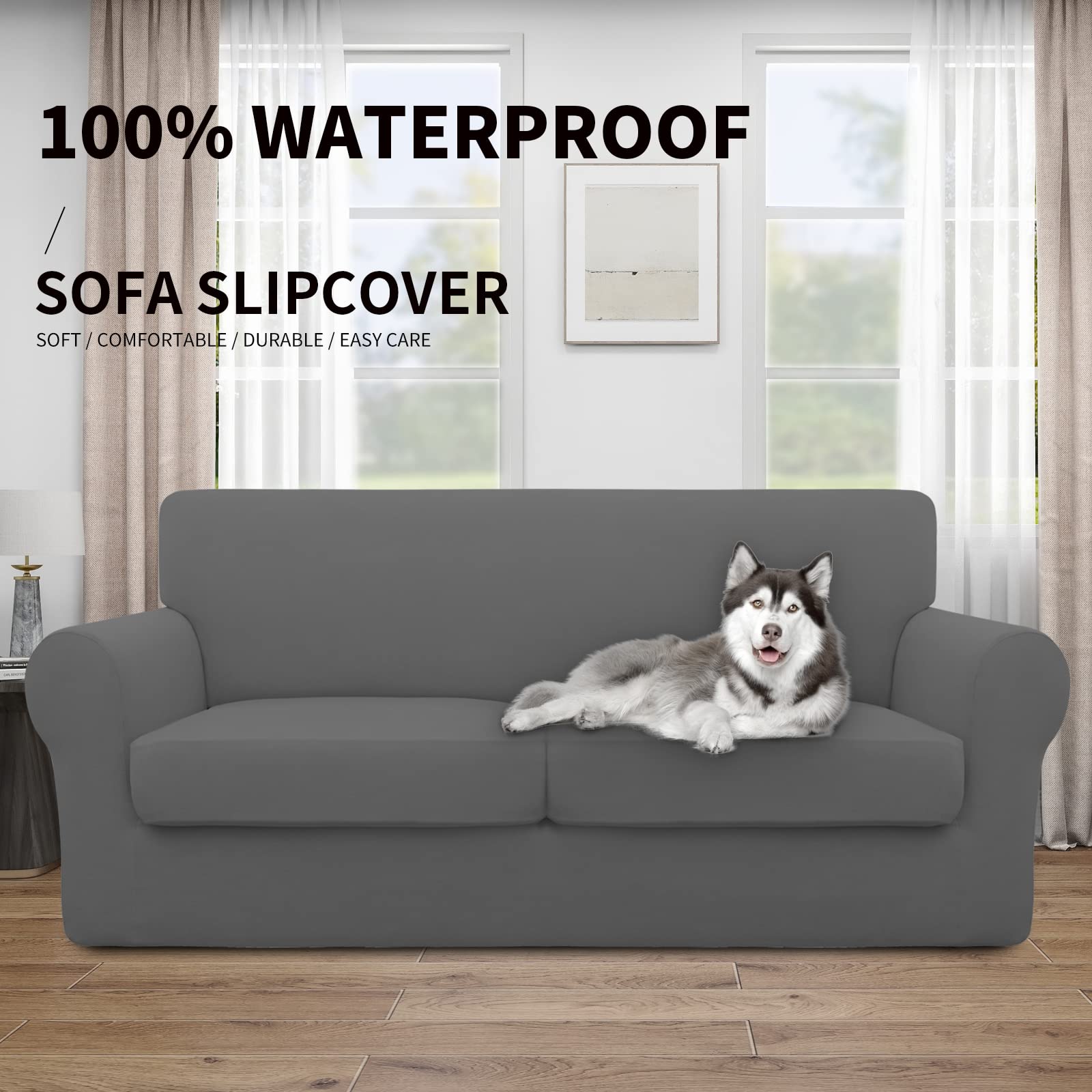 Easy-Going 100% Dual Waterproof Oversized Loveseat Cover Stretch Soft Couch Cover For Dogs, Sofa Slipcover For 2 Separate Cushion Couch Leakproof Furniture Protector For Kids, Pets Gray
