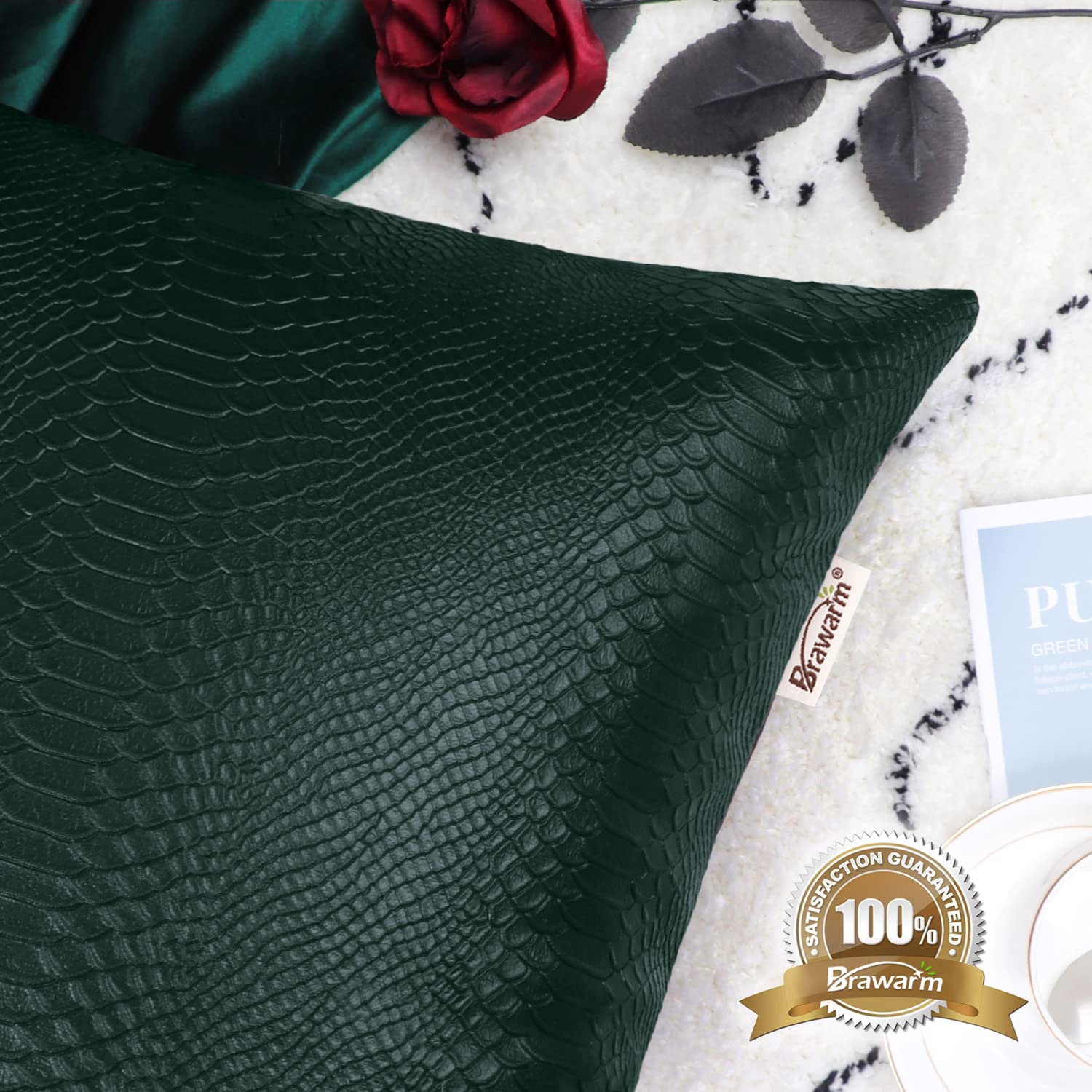 Brawarm Dark Green Leather Throw Pillows 12 X 20 Inches, Snake Leather Pillow Covers Pack Of 2, Faux Leather Decorative Lumbar P