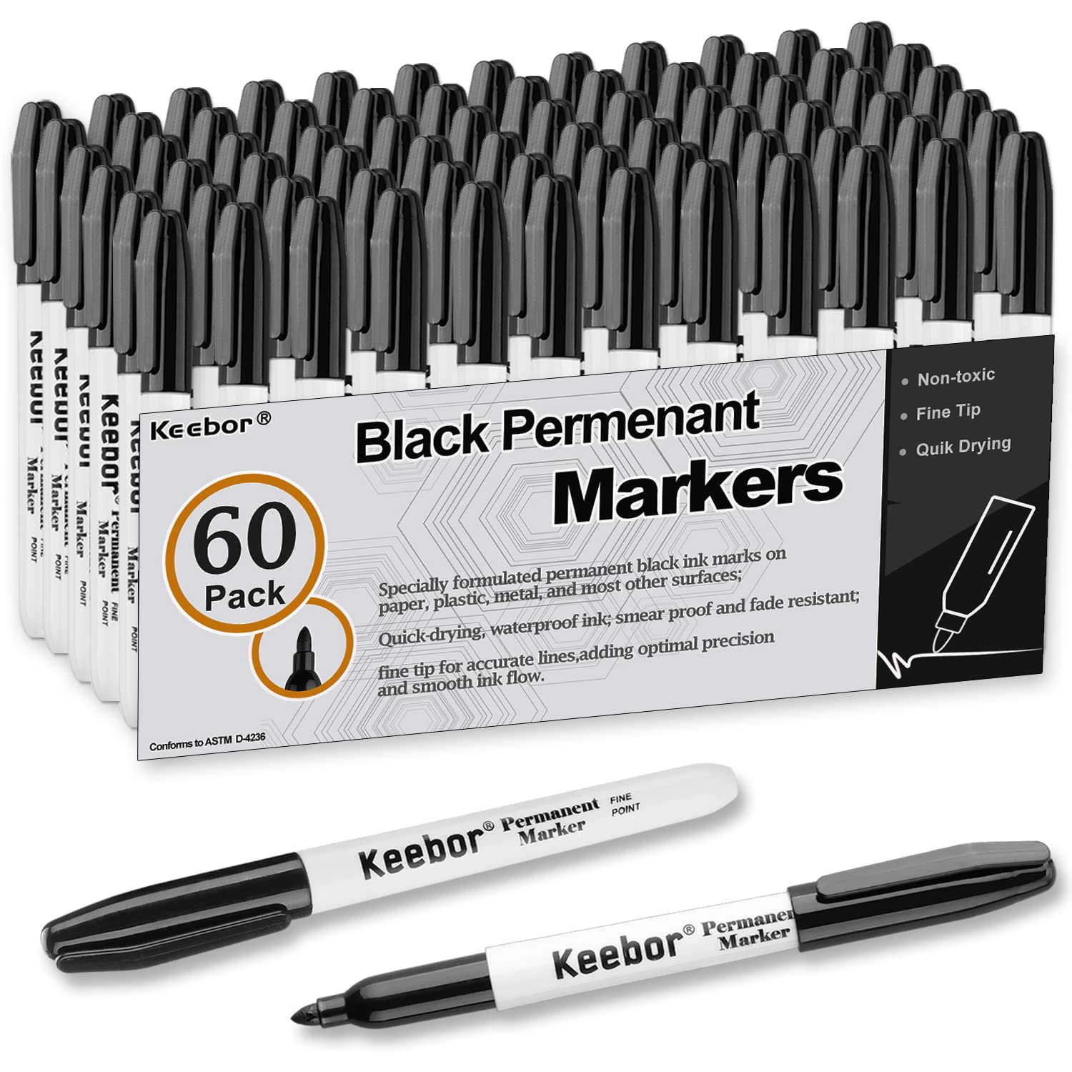 Keebor Advanced Permanent Markers Fine Tip, 60 Pack Black Permanent Marker Set, Waterproof - Quick Drying, Office Supplies