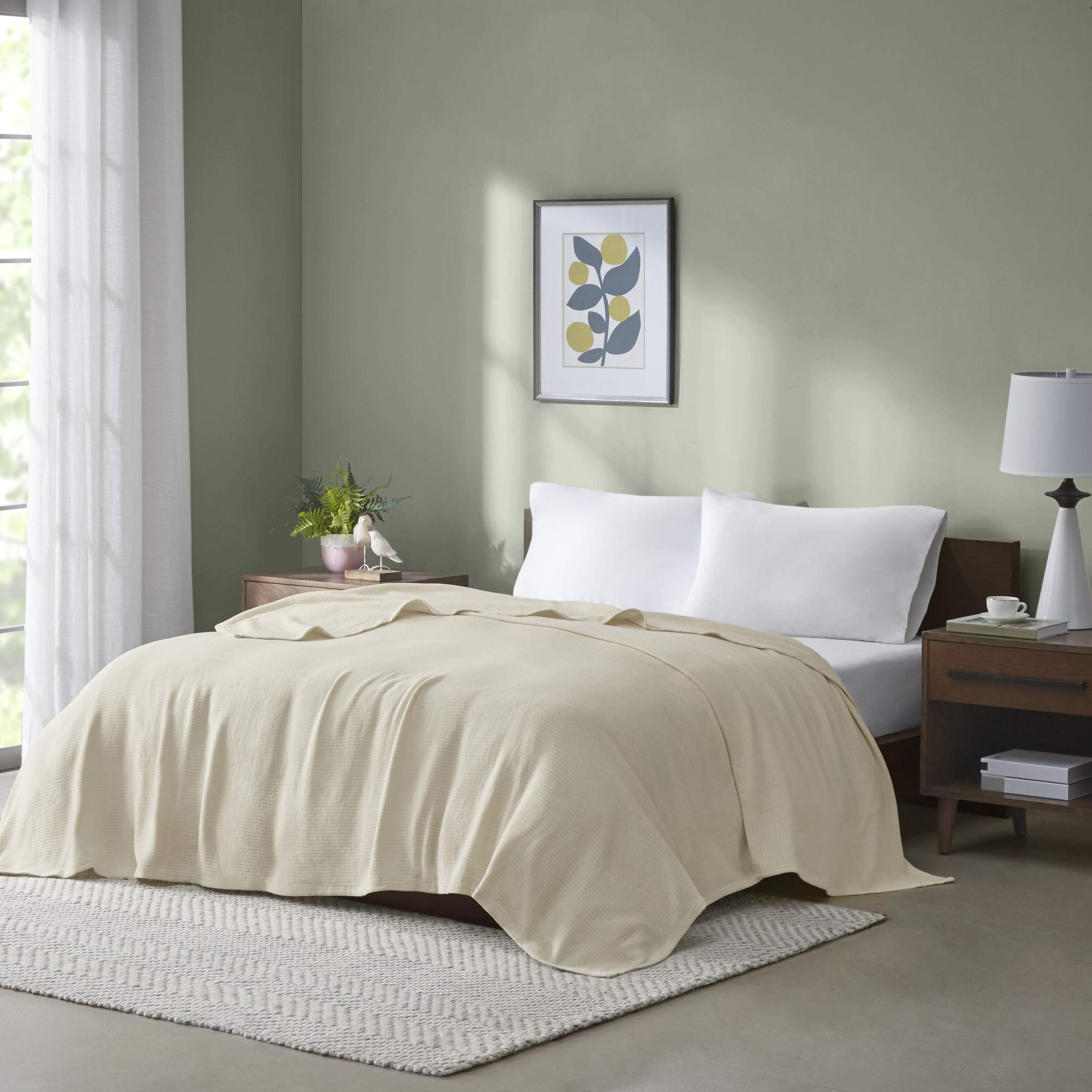 Madison Park Freshspun Basketweave Luxury Cotton Blanket Natural 66X90' Twin Size Basketweave Premium Soft Cozy 100% Cotton For Bed, Couch Or Sofa
