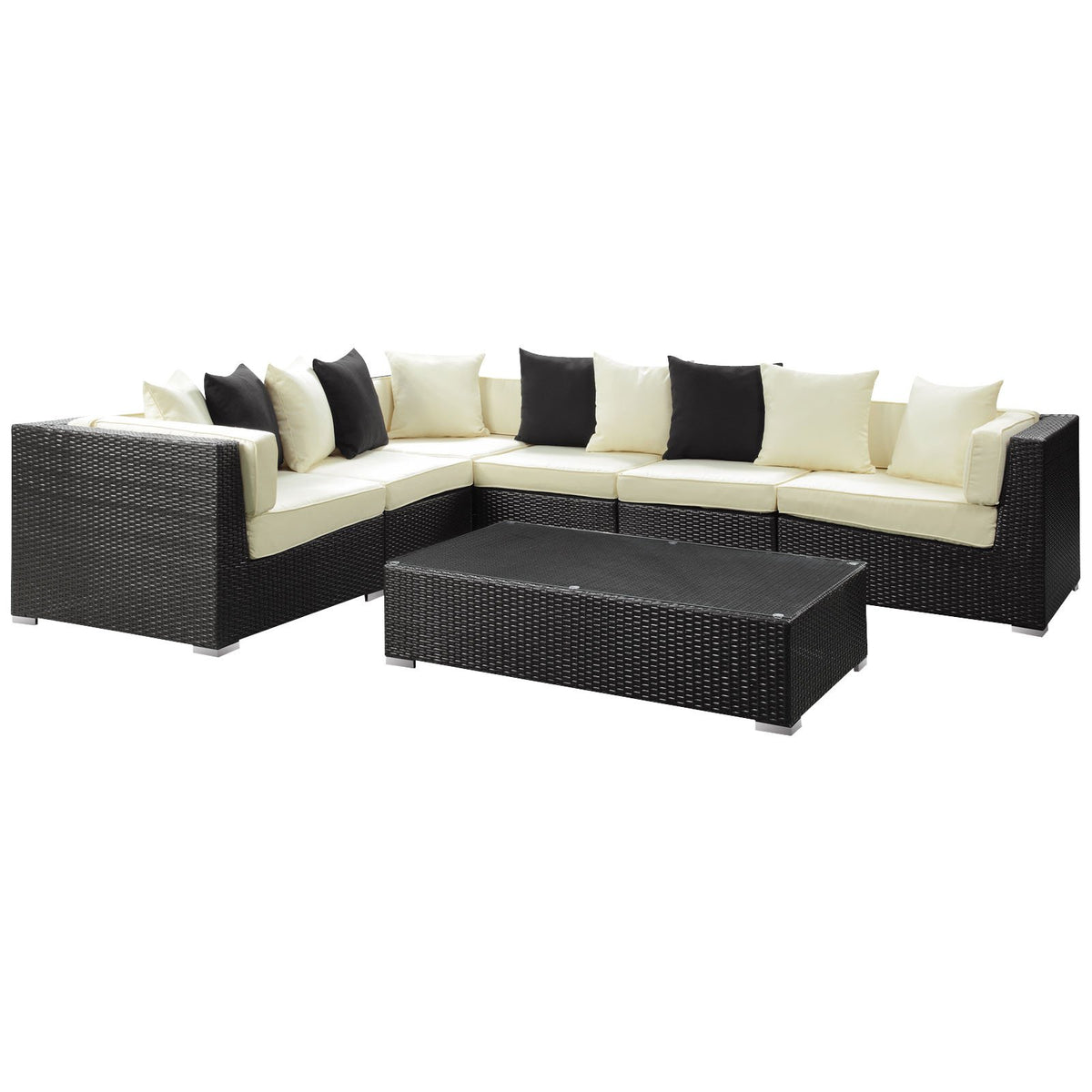 Lexmod Dreamscape 7-Piece Outdoor Wicker Patio Sectional Sofa Set, Espresso White