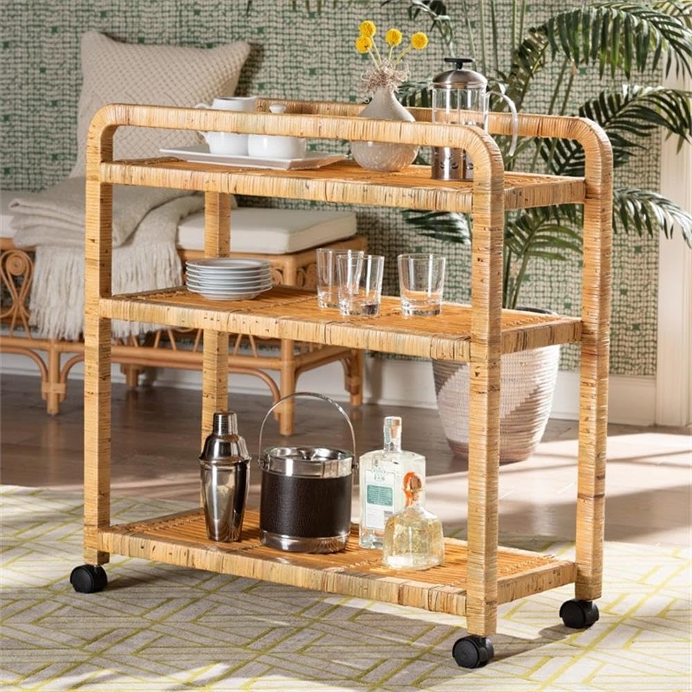 bali & pari Delphine Modern Bohemian Rattan Kitchen Cart in Natural Brown