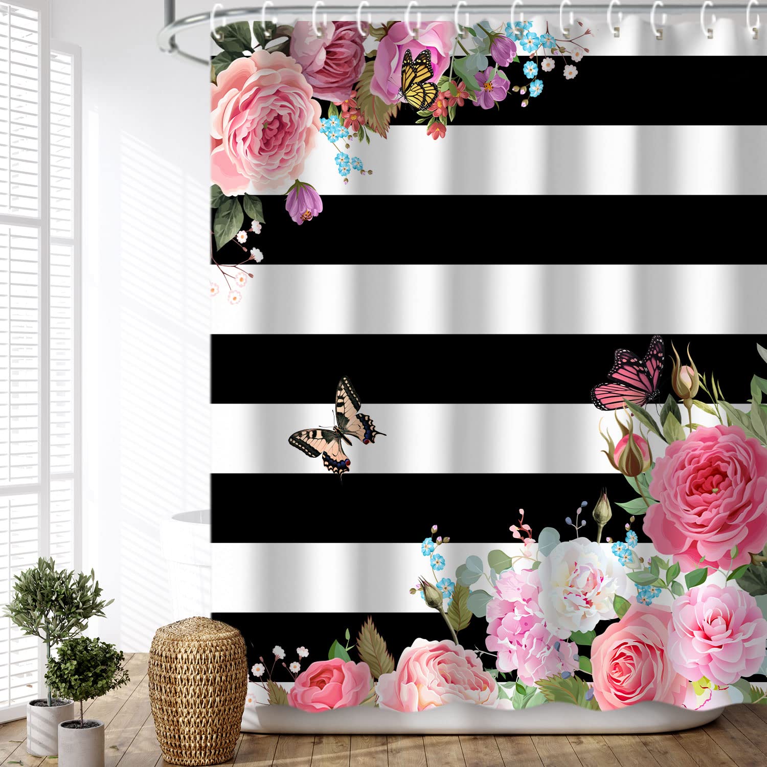 LIVILAN Pink Shower Curtains for Bathroom Floral Shower Curtain Flowers Girly Butterfly Black and White Striped Shower Curtain S