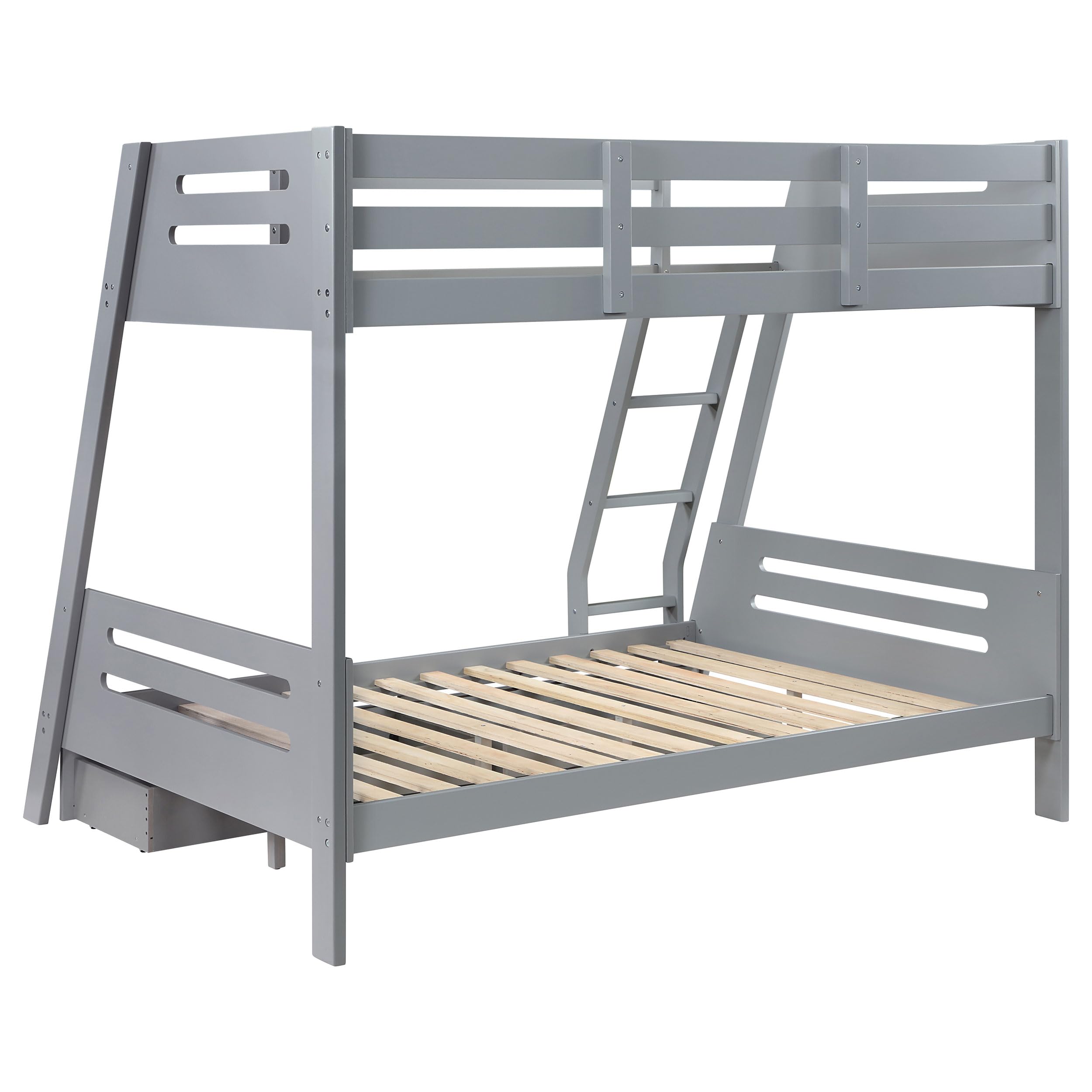 Coaster Home Furnishings Trisha Mid-Century Modern Wood Twin Over Full Size Bunk Bed Frame with Ladder and Guardrails with Two Storage Drawers Fully Slatted Mattress Ready Foundation Grey 460562TF