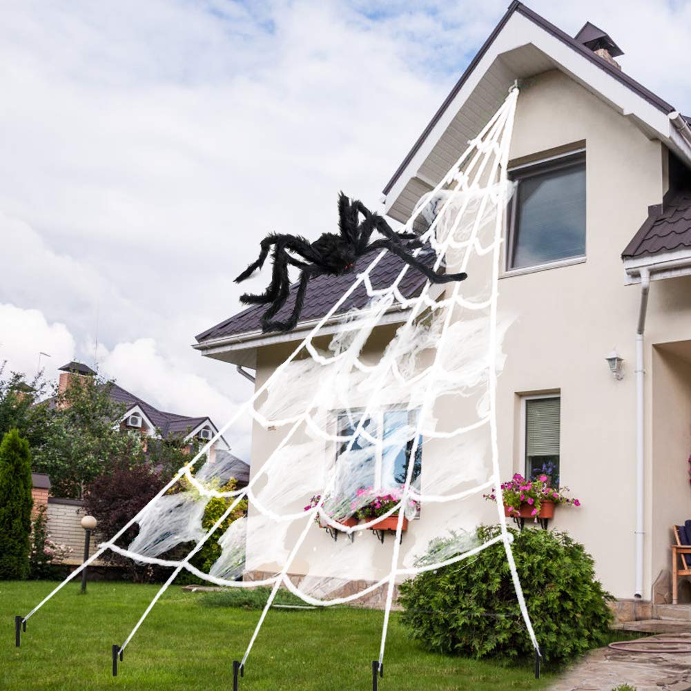Aodini Spider Web Halloween Decorations, 16 15 Feet Giant Triangular Spider Web Plus A Fake Big Spider, Suitable For Indoor And