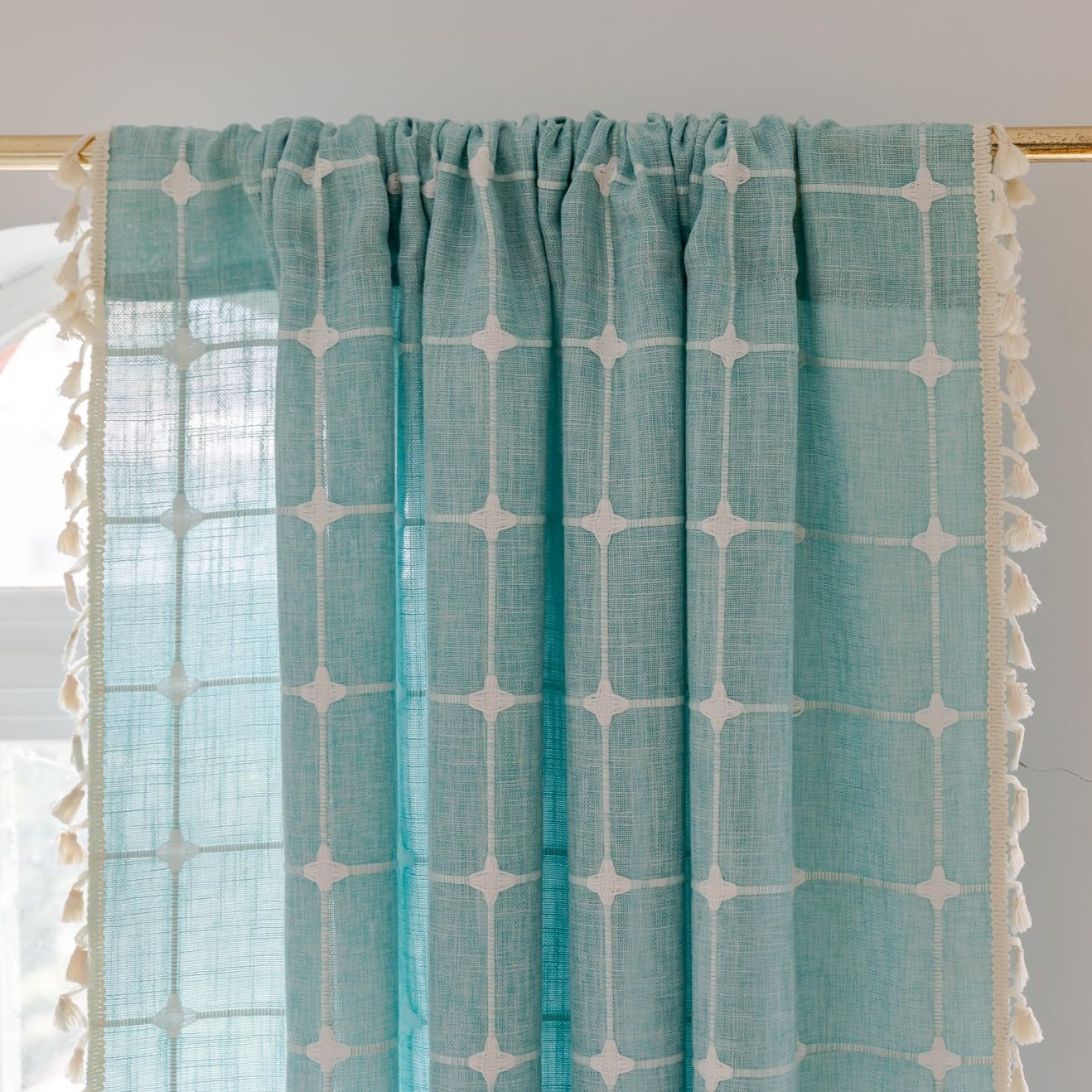Sutuo Home Boho Curtain Plaids For Bedroom, Semi Blackout Linen Farmhouse Tassels Window Treatment Bohemian Embroidery Drape For Home Decor, Rod Pocket 1 Panel 52' W X 84' L, Aqua Blue
