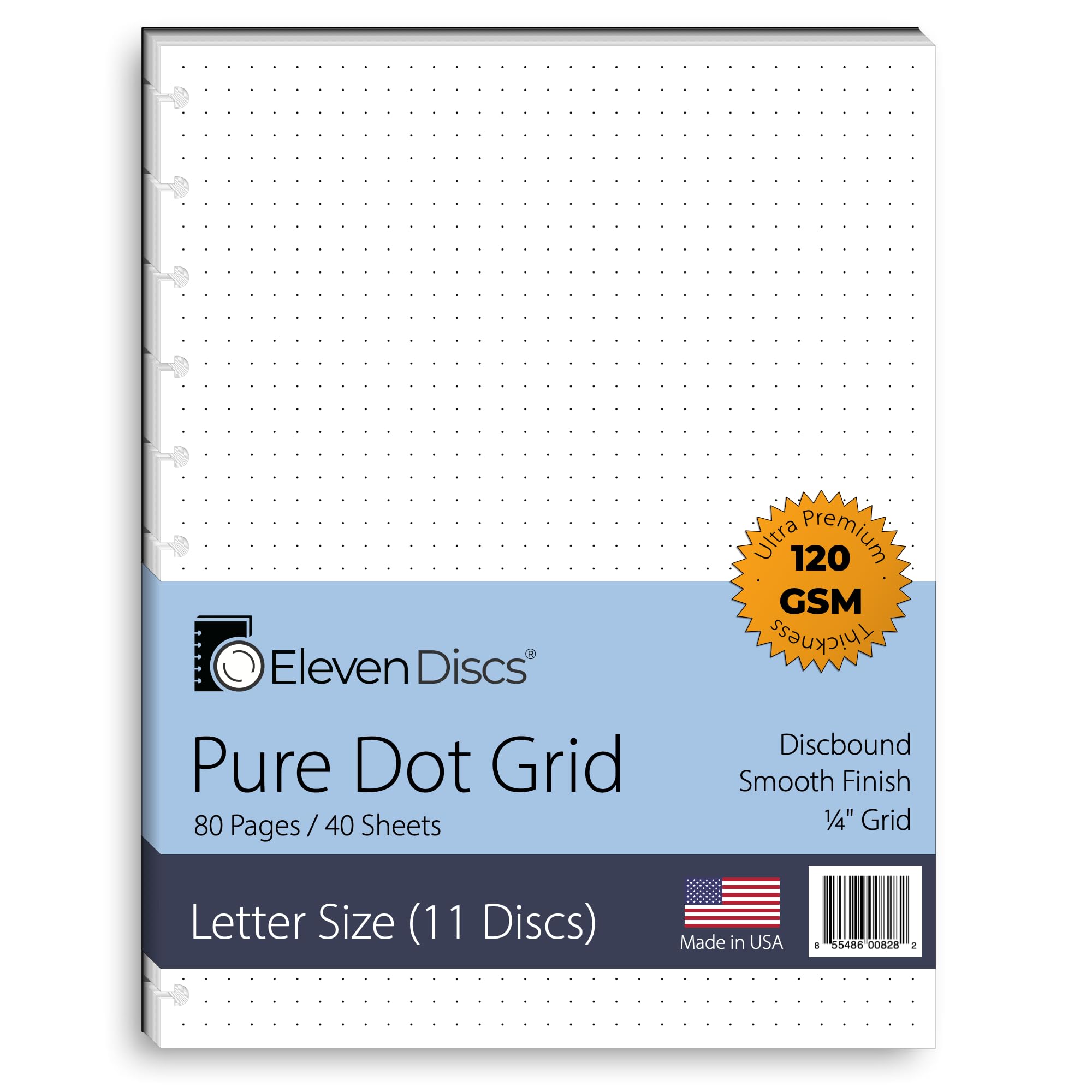 Eleven Discs Discbound Paper, Letter Size Pure Dot Grid Sheets - Premium 120Gsm Heavyweight Notebook & Planner Refills - 11 Disc