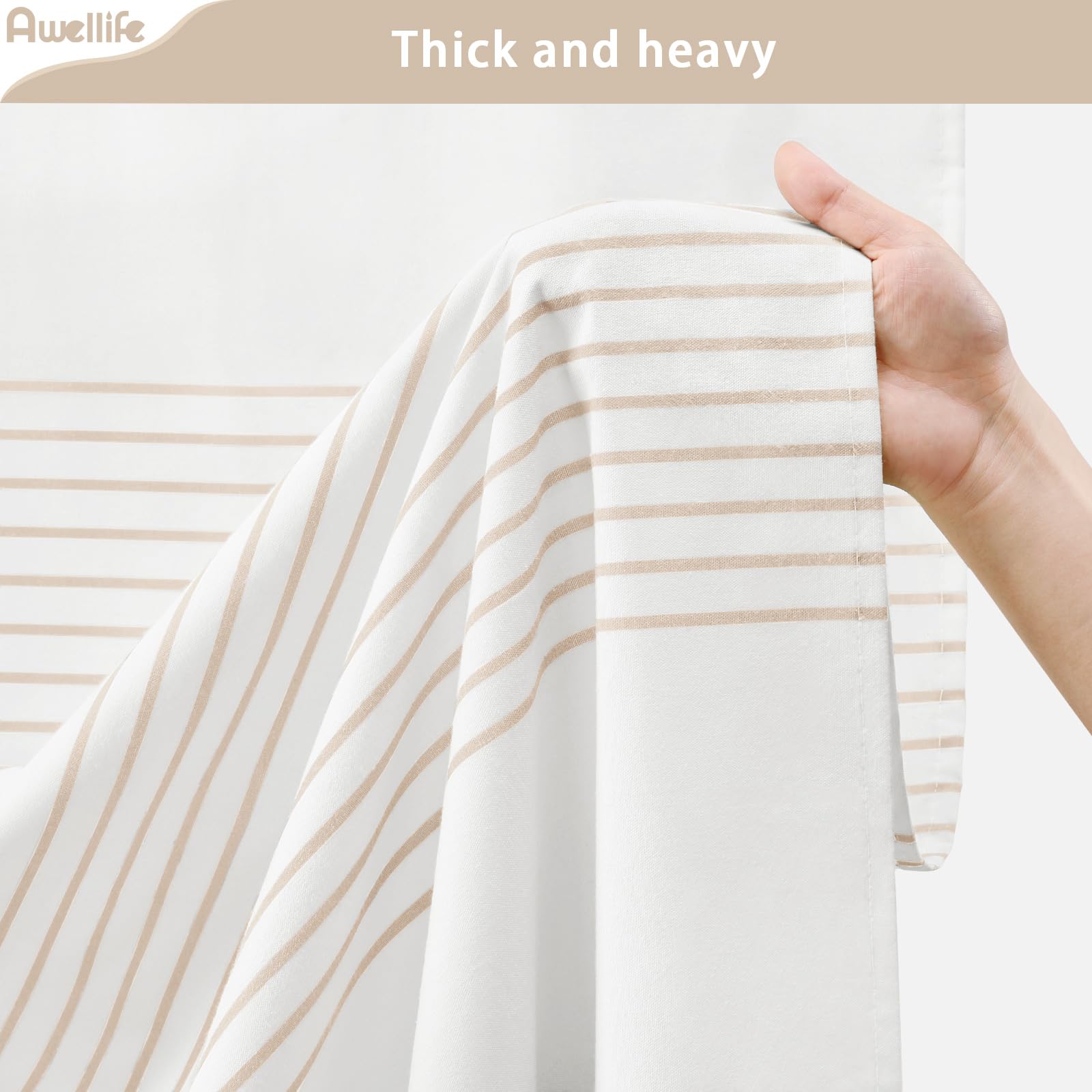 Awellife Boho Beige Shower Curtain For Bathroom Extra Long Stripe Knotted-Tassel Shower Curtain 72 X 84 Inches Natural Linen