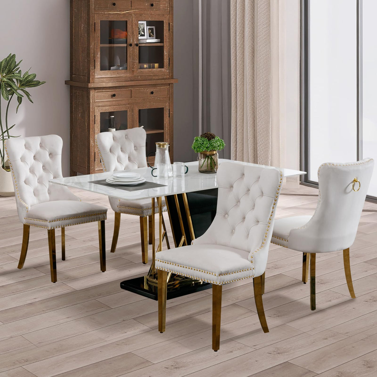 Soarflash Velvet Dining Chair Set Of 4, Upholstered Tufted Dining Room Chair With Nailhead Trim, Solid Gold Plated Leg For Kitch