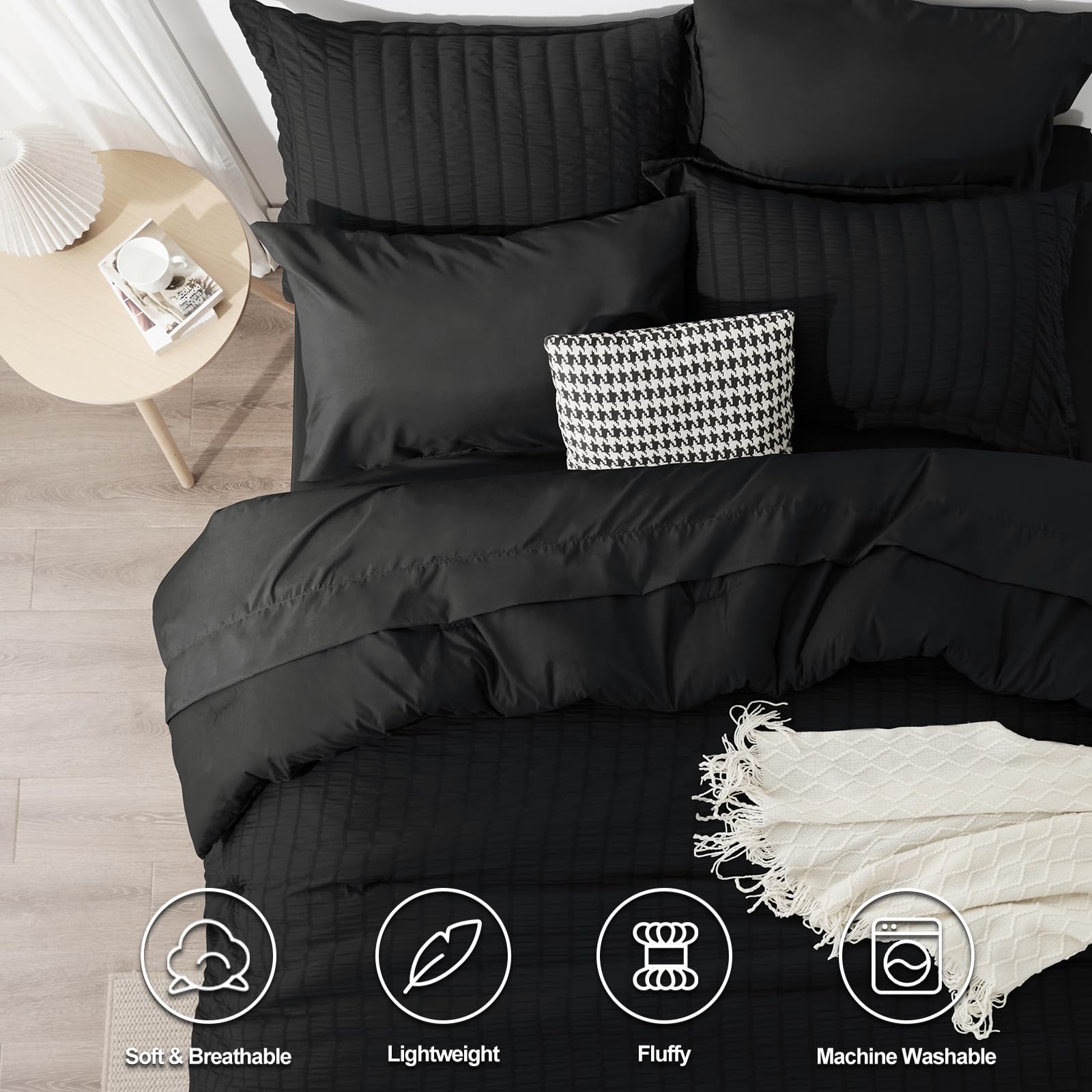 Cozylux King Seersucker Comforter Set With Black Bed In A Bag 7-Pieces All Season Bedding With Comforter, Pillow Sham, Flat Sheet, Fitted Sheet, Pillowcase