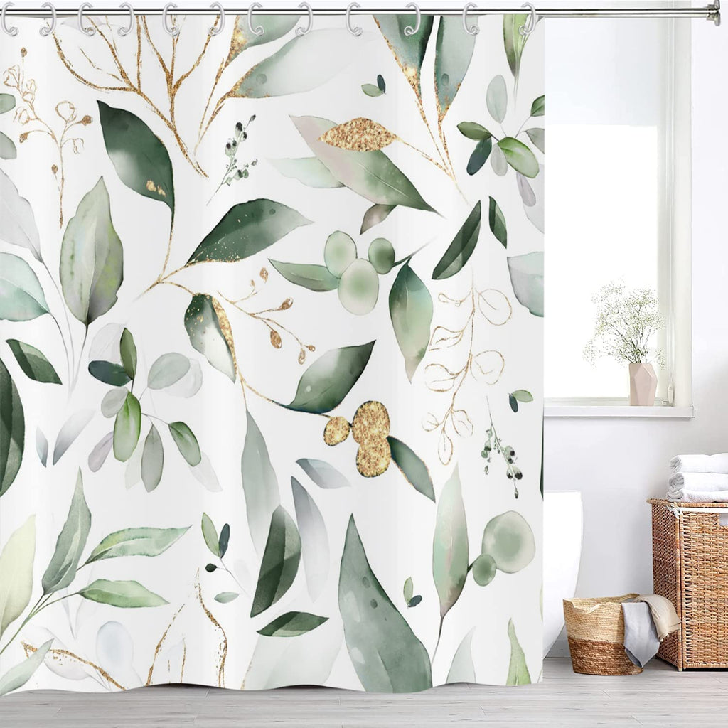 Gcirec Green And Gold Leaf Shower Curtain, Sage Eucalyptus Leaves With Gold Branches Botanical Plants Fabric Bathroom Curtain Ho