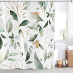 Gcirec Green And Gold Leaf Shower Curtain, Sage Eucalyptus Leaves With Gold Branches Botanical Plants Fabric Bathroom Curtain Ho