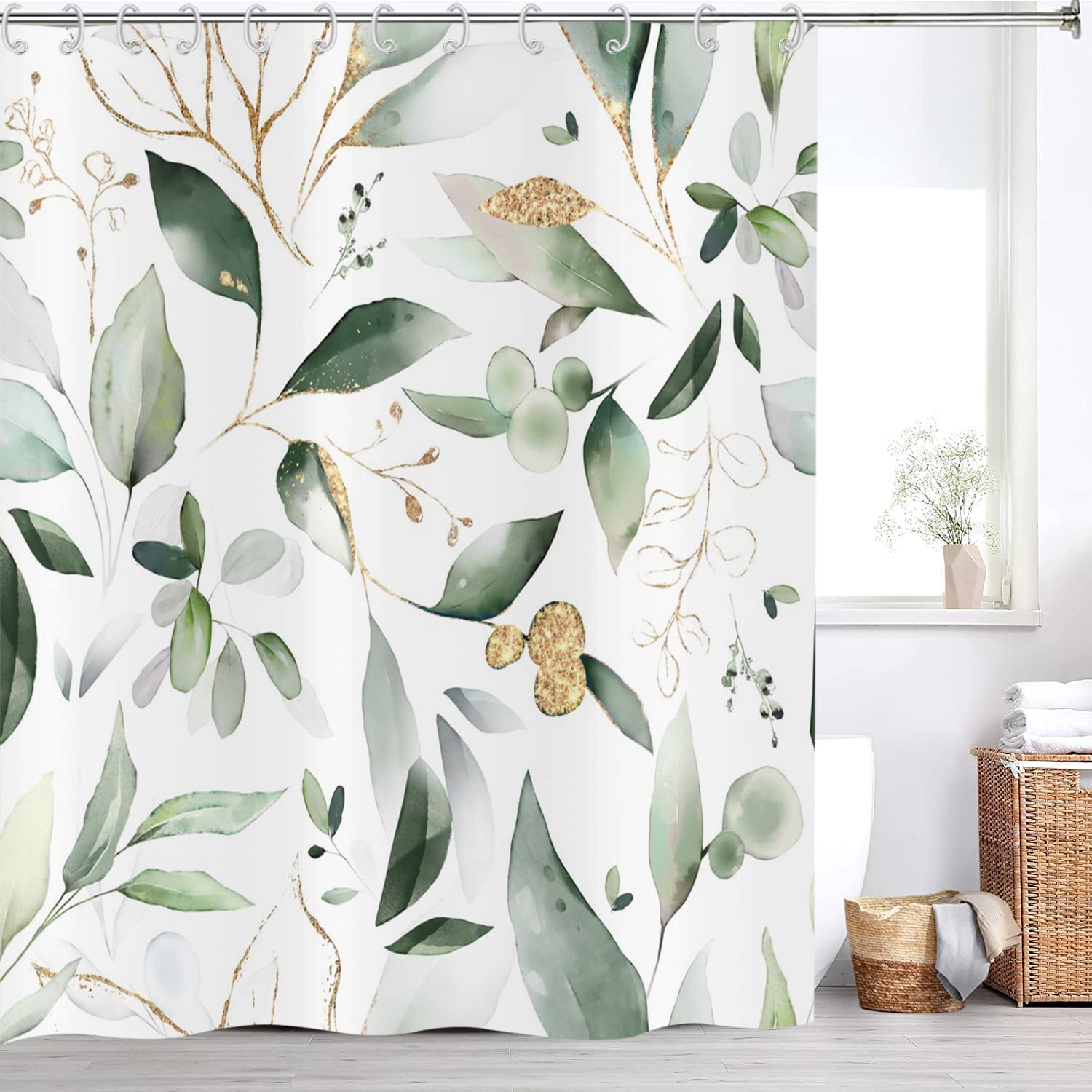 Gcirec Green And Gold Leaf Shower Curtain, Sage Eucalyptus Leaves With Gold Branches Botanical Plants Fabric Bathroom Curtain Ho