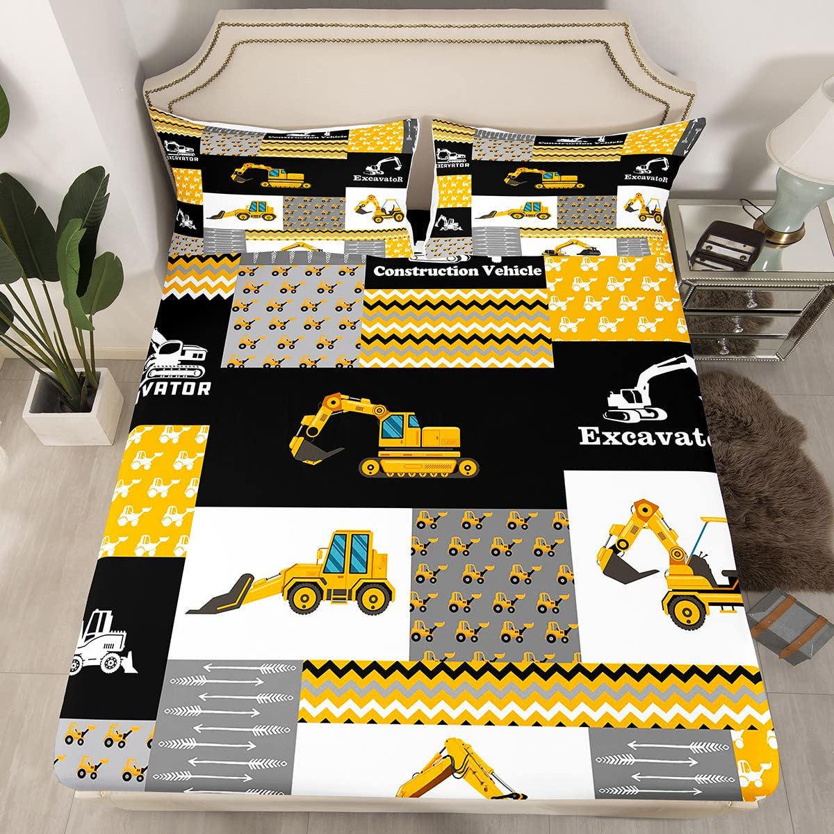 Feelyou Excavator Sheets With Deep Pocket Fitted Sheet Construction Vehicles Sheet Set Equipment Trucks Bed Sheets Set For Kids