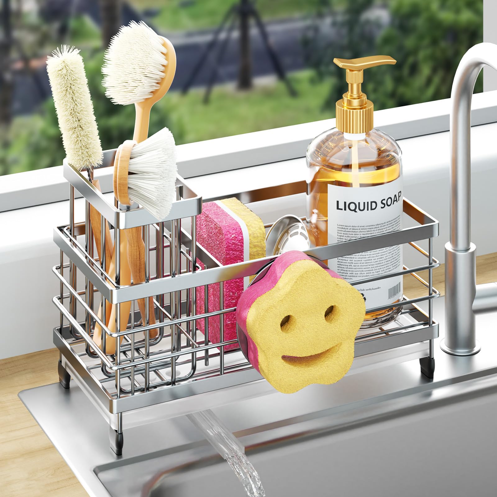 HapiRm Sponge Holder for Kitchen Sink - Self-draining Sink Caddy with Smiley Face and Brush Holder, Stainless Steel Kitchen Orga