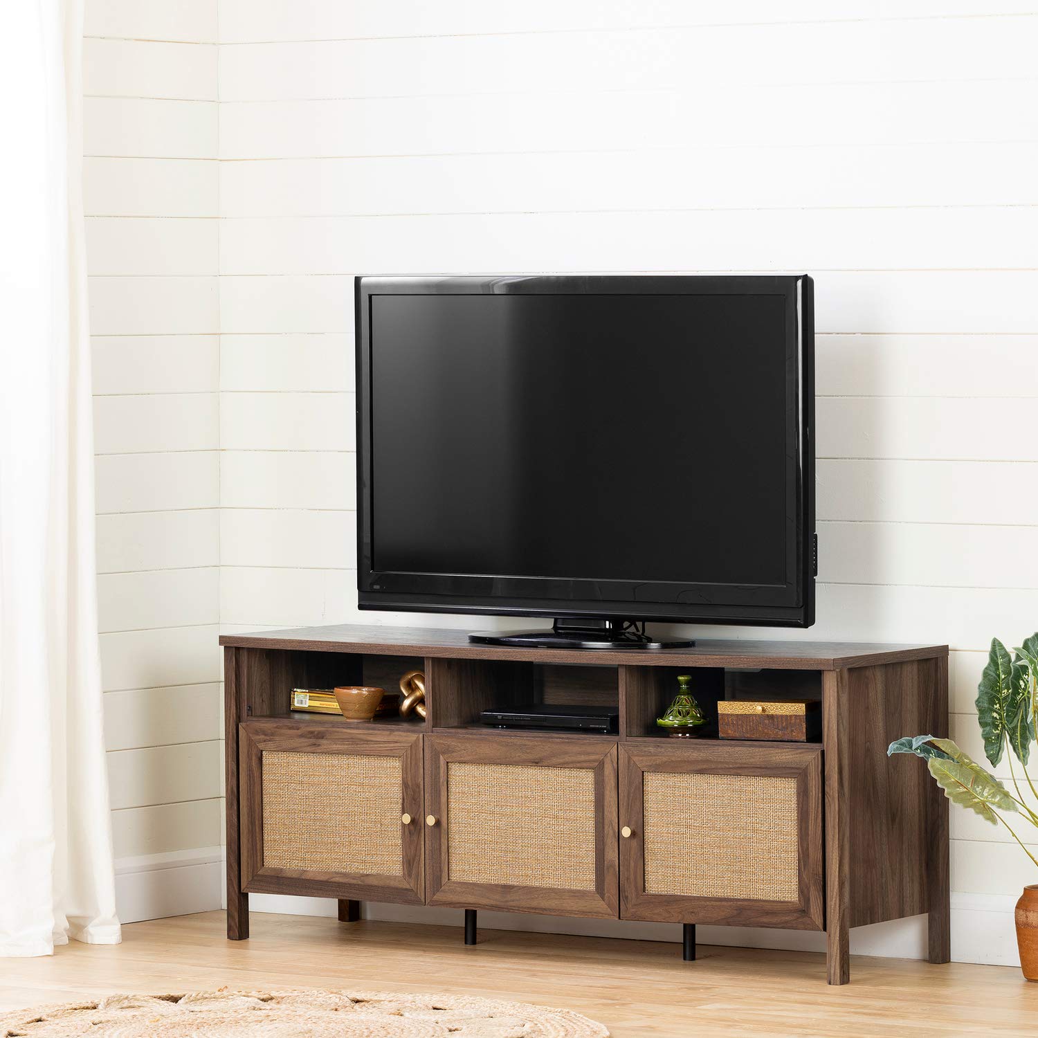 South Shore Balka Tv Stand, 65&quot;, Natural Walnut And Faux Rattan