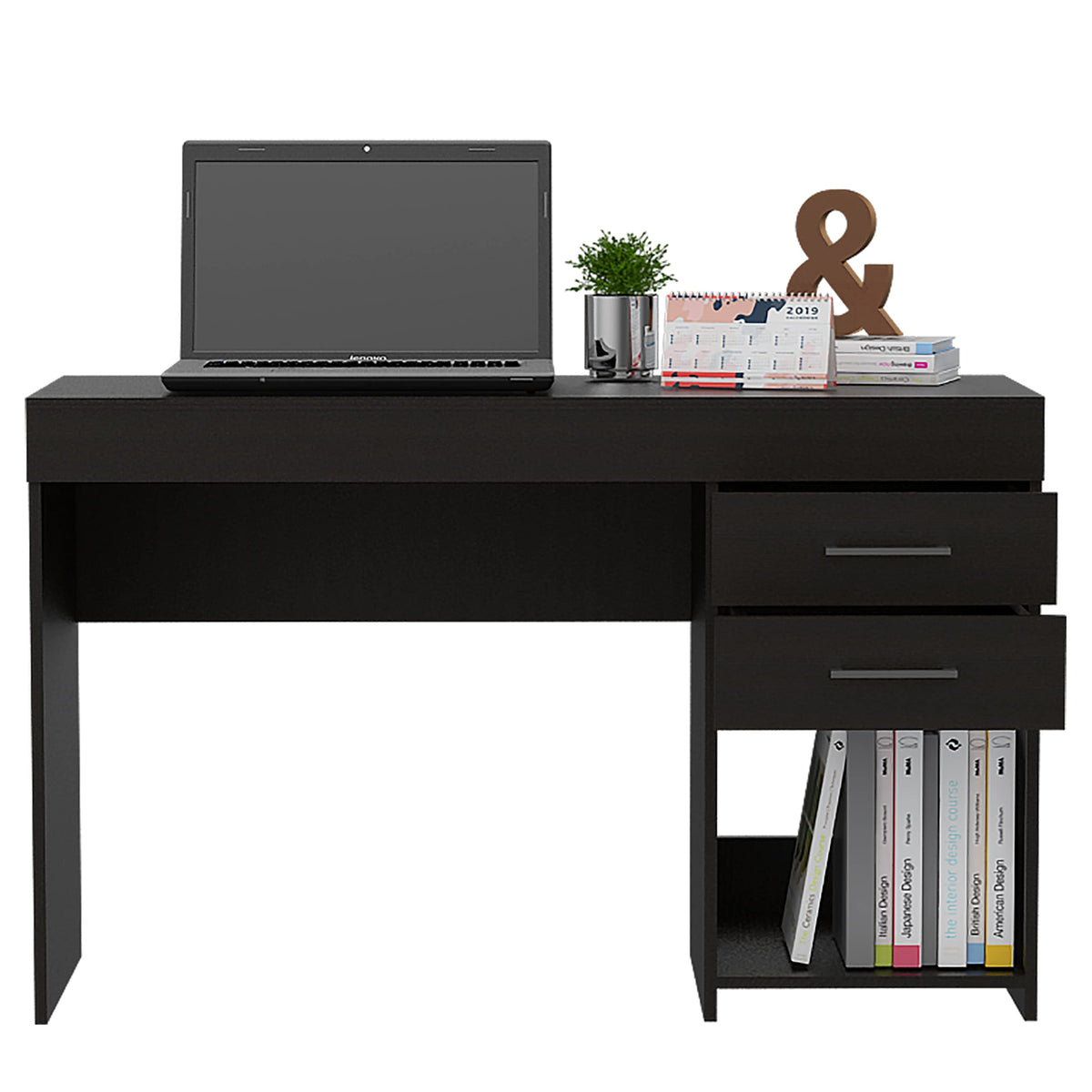 Austin Computer Desk with 2 Drawers, 1 Open Shelf, and Metal Handles, Black