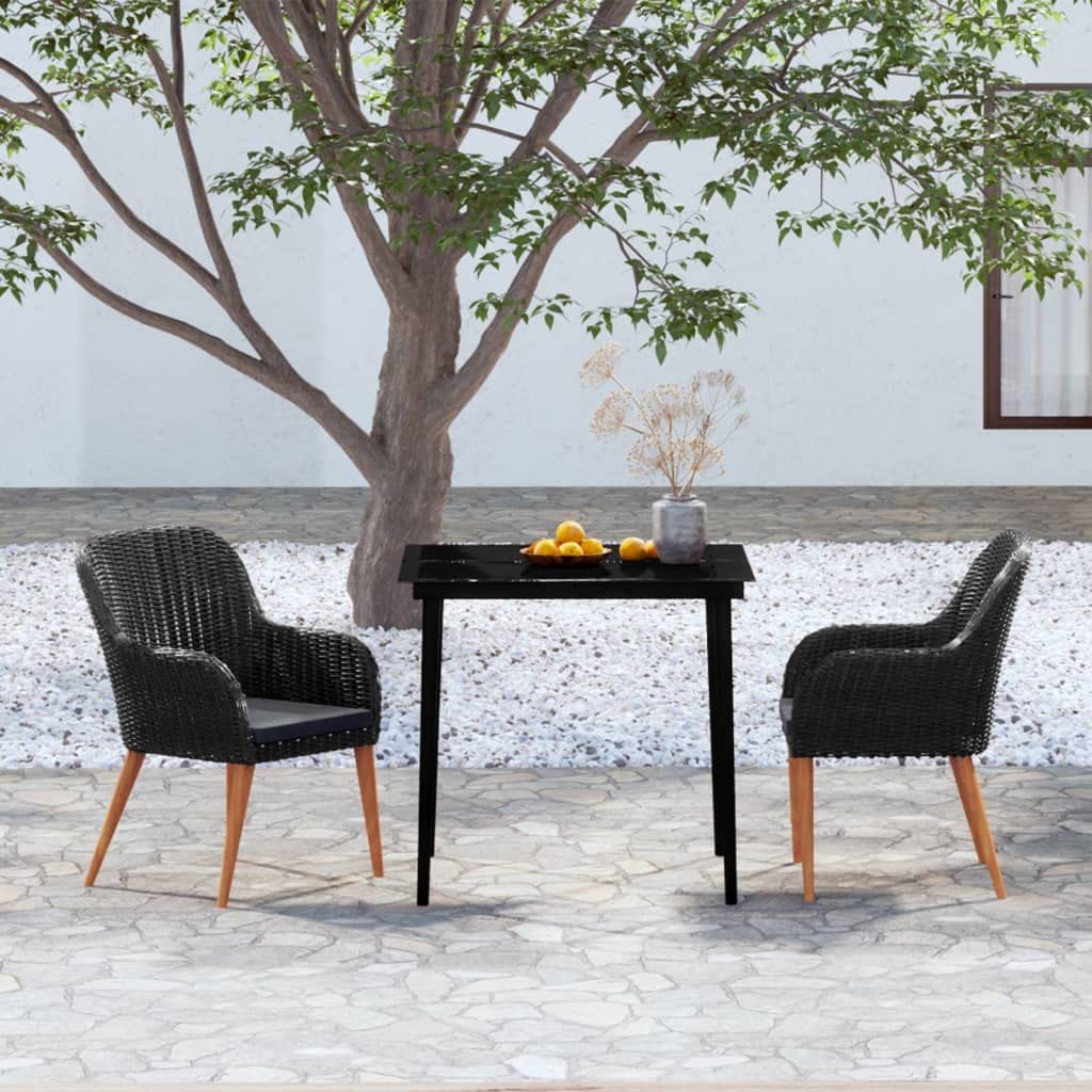 vidaXL 3-Piece Patio Dining Set - Outdoor Dining Furniture with Poly Rattan, Powder-Coated Steel, Solid Acacia Wood, Glass Tabletop and Polyester Cushion Covers – Black