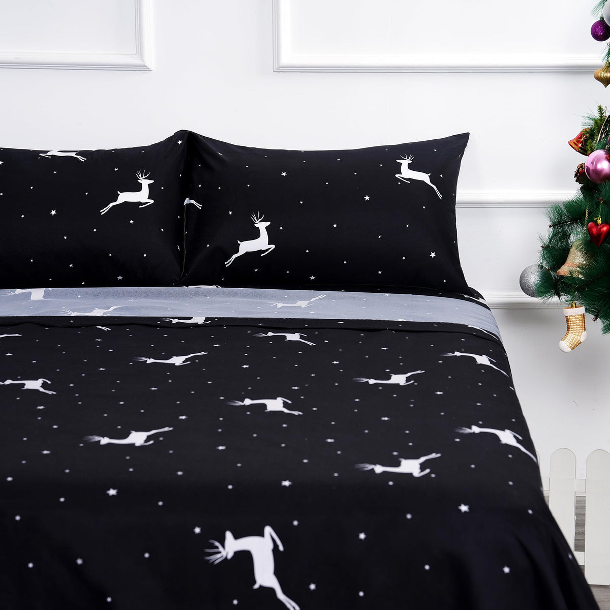 Bed Sheet Set - 3 Piece Twin Size - Reindeers/Stars Printed Christmas Decor - Soft Durable Microfiber Bedding Sheet Set,Deep Poc