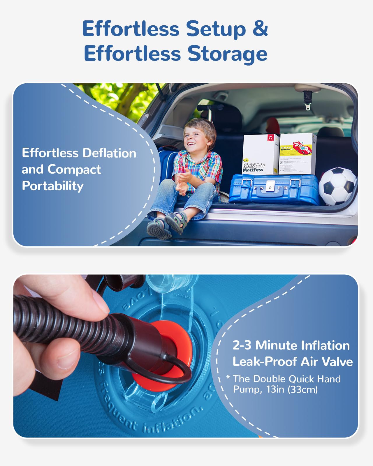 Qpau Inflatable Kids Bed, Toddler Travel Bed With Sides, For Camping, Traveling, Hotel, Or Home Use, Hand Pump Included (Blue)