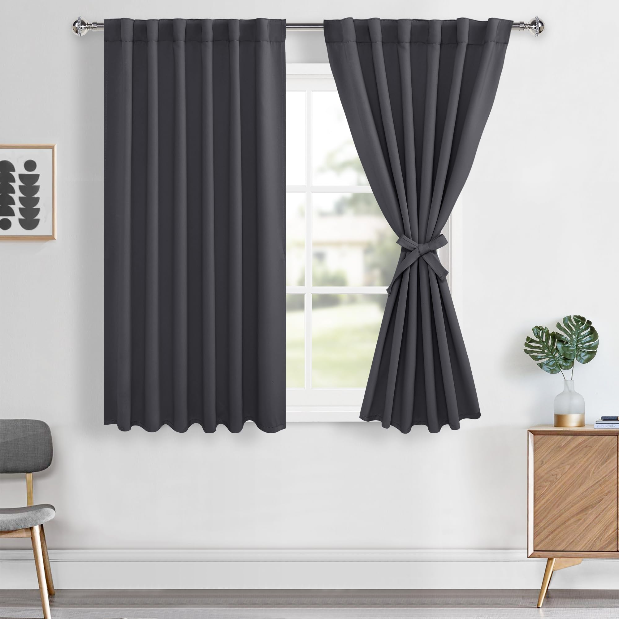 Hiasan Charcoal Gray Blackout Curtains 54 inch Long, Light Blocking Thermal Insulated Rod Pocket & Back Tab Drapes Sewn with Tie