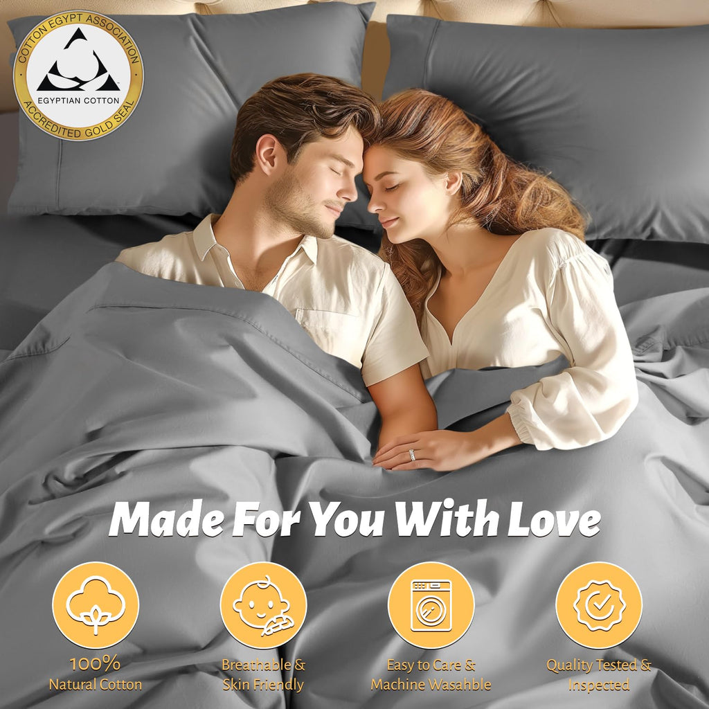 Shilucheng 100% Egyptian Cotton Sheets Set - 1000 Thread Count,Luxury Cotton Bed Sheets,Breathable & Cooling Bedding And Pillow Cases, 16 Inch Deep Pocket - 4 Piece (Grey, Full)