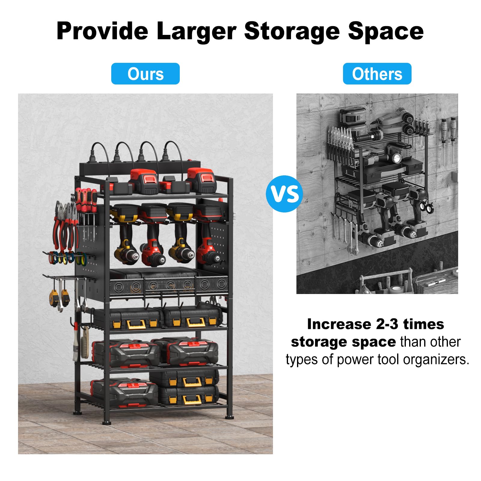 Junnuj Power Tool Organizer Floor Stand With Charging Station, Garage Adjustable Storage Rack Utility Tool Shelf With 8 Outlet Power Strip, Heavy Duty Drill And Battery Holder, Black