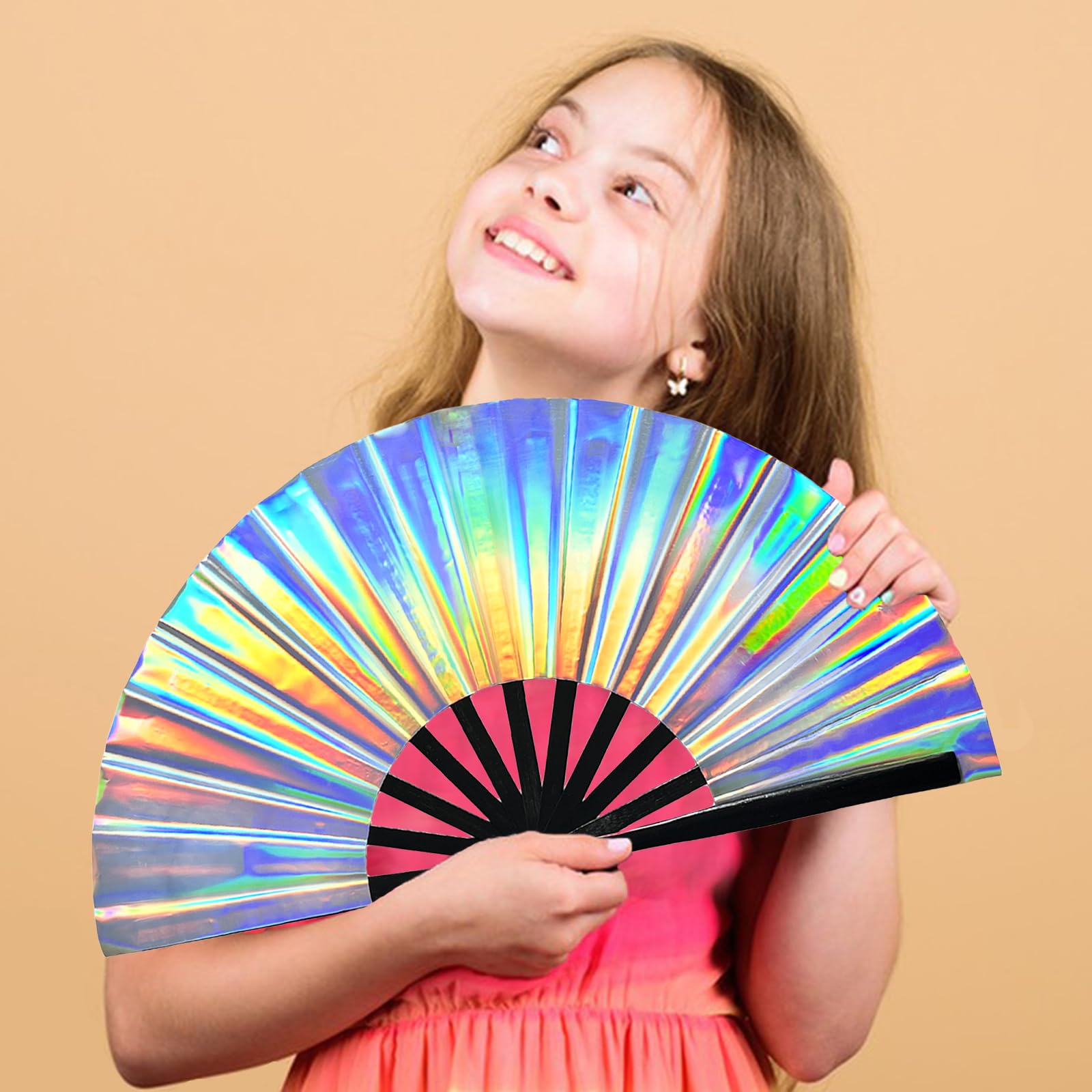 Dmjuncong Folding Hand Rave Fan,Clack Handheld Fan,Holographic Laser Colors Hand Fan,For Festivals,Rainbow Outfits,Disco Party,H