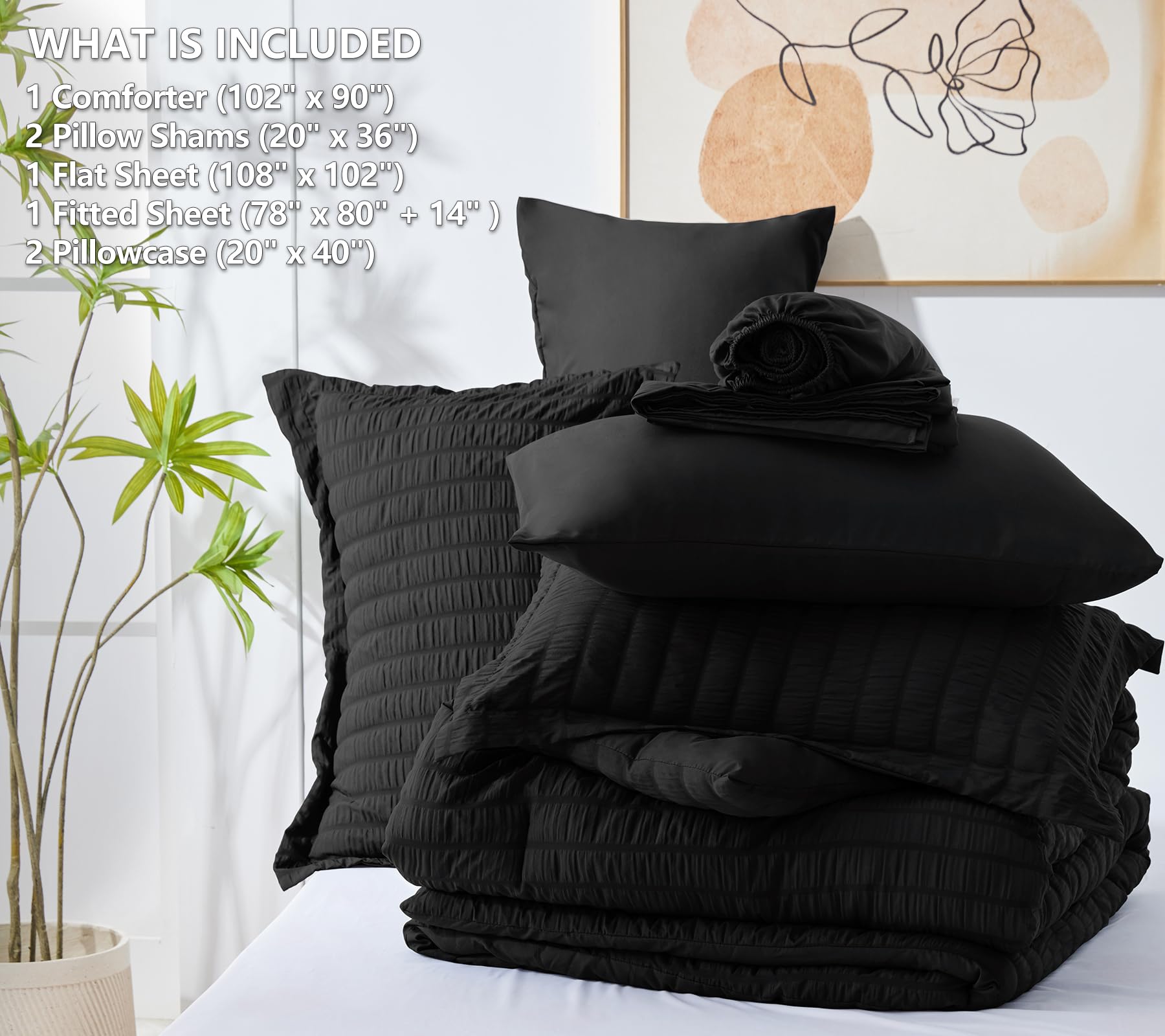Cozylux King Seersucker Comforter Set With Black Bed In A Bag 7-Pieces All Season Bedding With Comforter, Pillow Sham, Flat Sheet, Fitted Sheet, Pillowcase