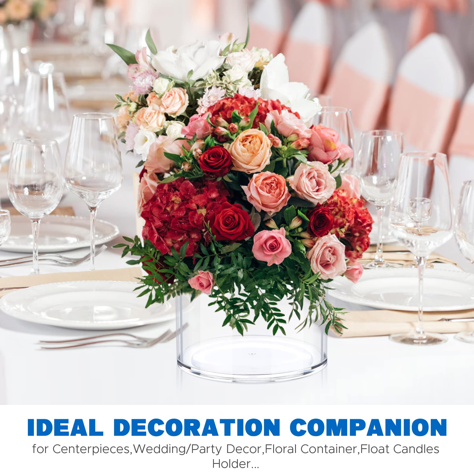 Jyps Clear Vase Set Of 3, Polycarbonate, Round, Transparent, Wide Mouth, 6 Inches, Ideal For Wedding Decor, Flowers, Bedroom, Li