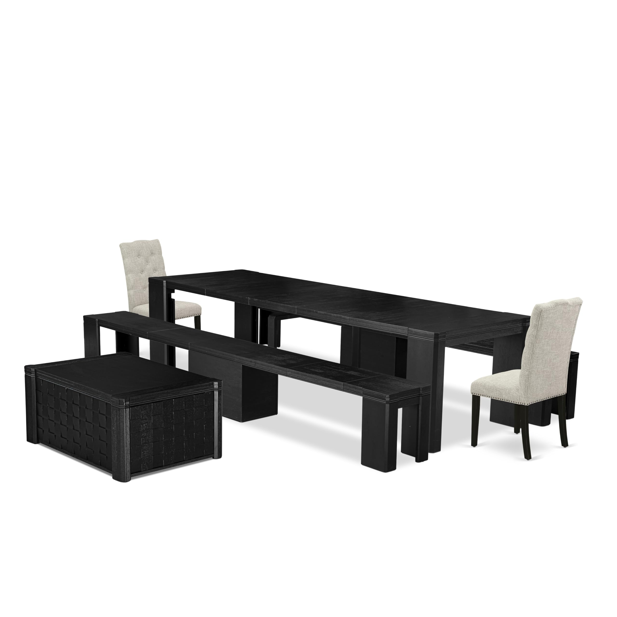 Luxe by East West Furniture - X02EL-2C6-35 - 6-piece Dining Table Set a Dining Table with a coffee Table and 2 wooden Benches and 2 Doeskin Linen Fabric kitchen Chair, 39x120 Inch, Wire Brushed Black