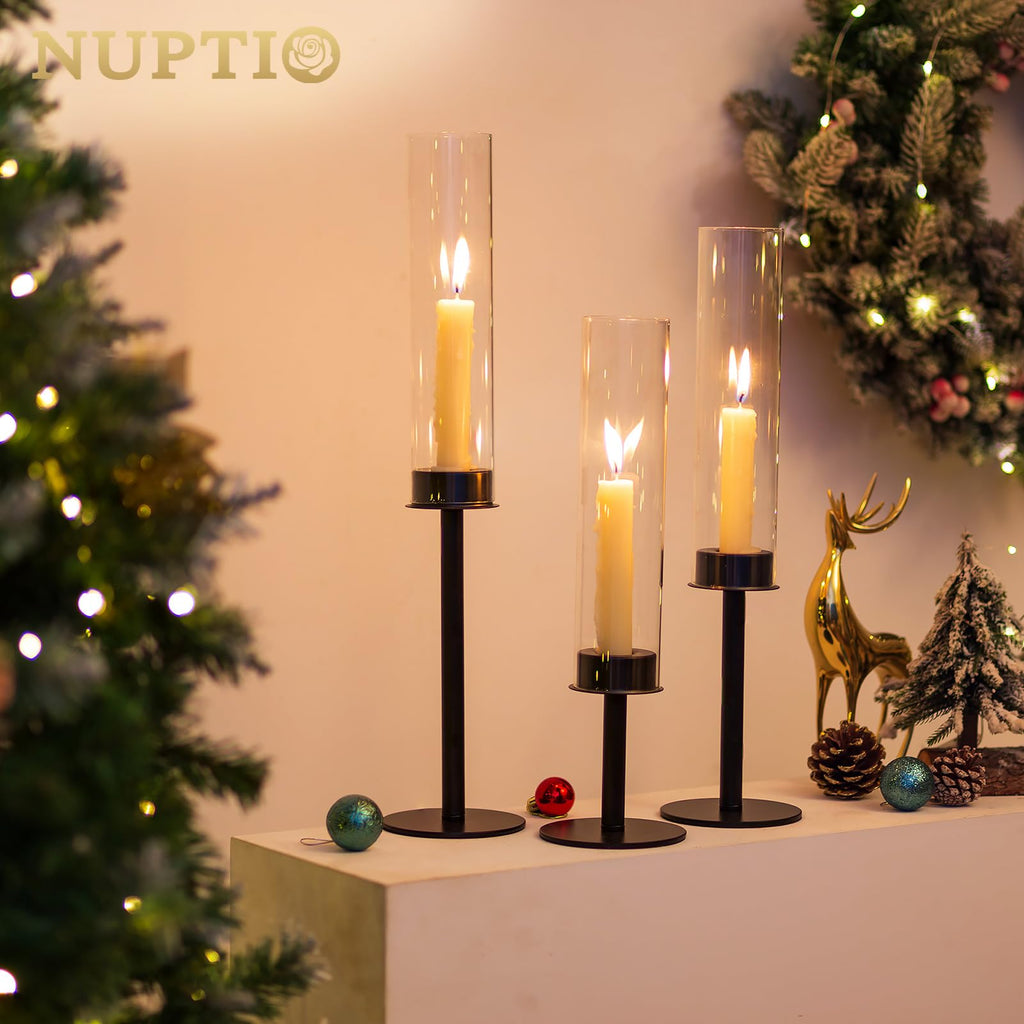 Nuptio Hurricane Glass Candle Holders: 6 Pcs Black Metal Candlestick Tapered Holder With Clear Chimney Covers Bottomless Tall Mo