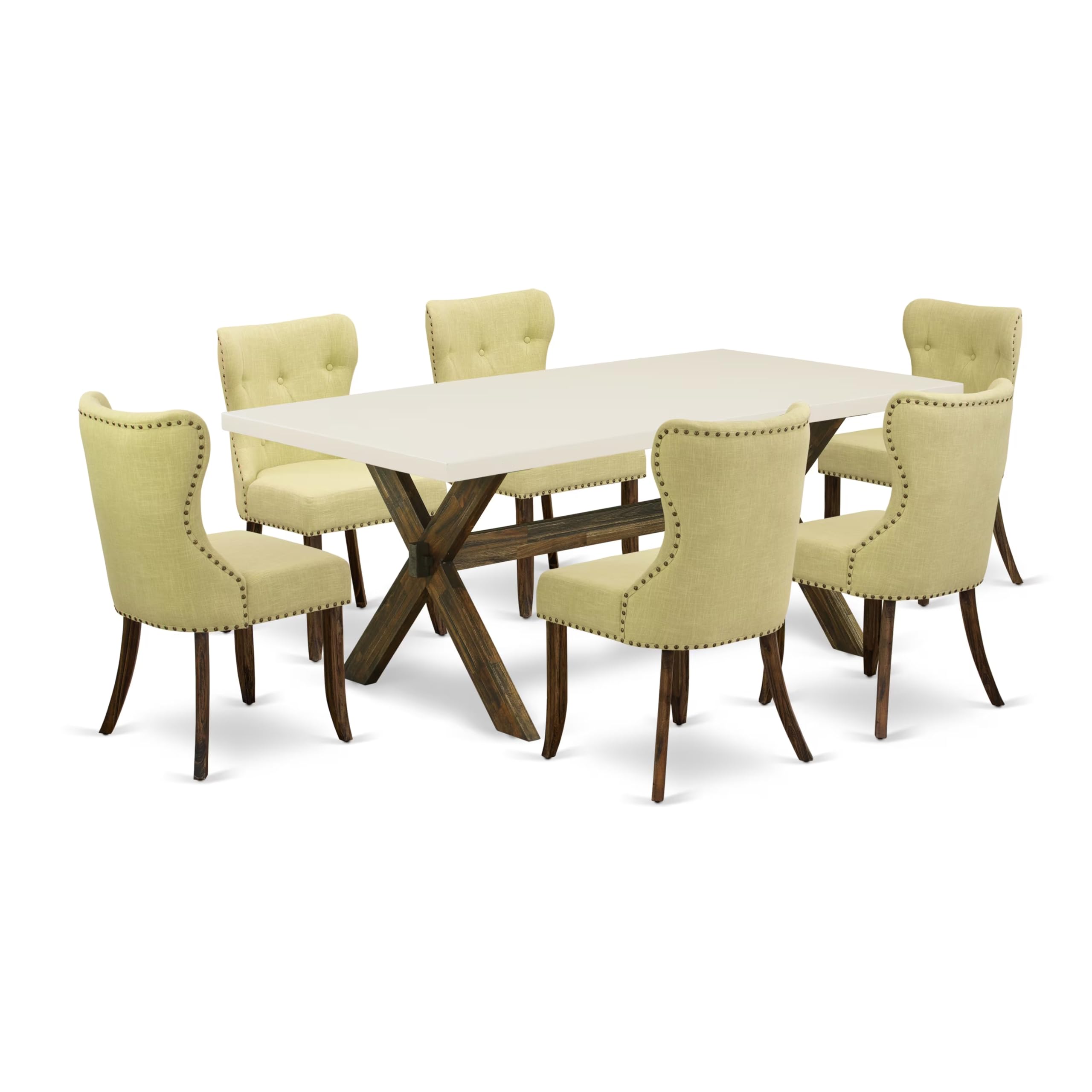East West Furniture X727Si737-7 7 Piece Dining Table Set Consist Of A Rectangle Dining Room Table With X-Legs And 6 Limelight Linen Fabric Upholstered Chairs, 40X72 Inch, Multi-Color
