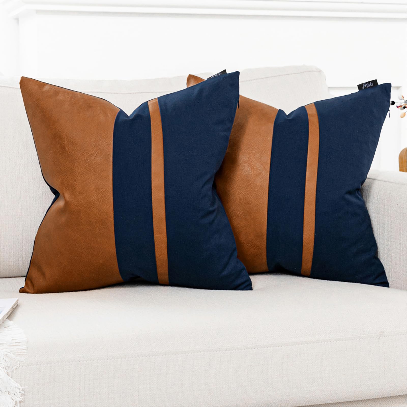 Vfuty Set Of 2 Navy And Brown Decorative Throw Pillow Covers 18X18 Inch Faux Leather And Cotton Patchwork Pillow Cover,Modern Fa