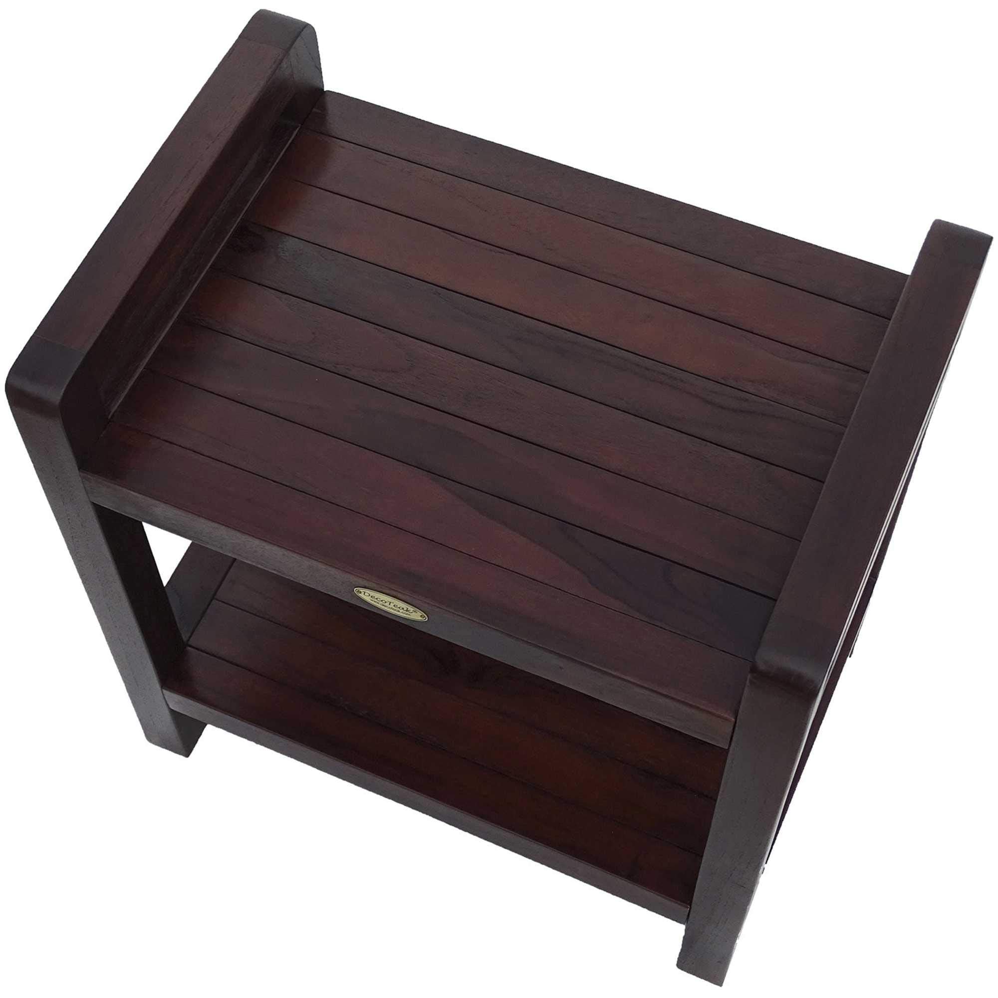 HomeRoots Dark Brown Compact Rectangular Teak Shower/Outdoor Bench with Shelf and Liftaide Arms