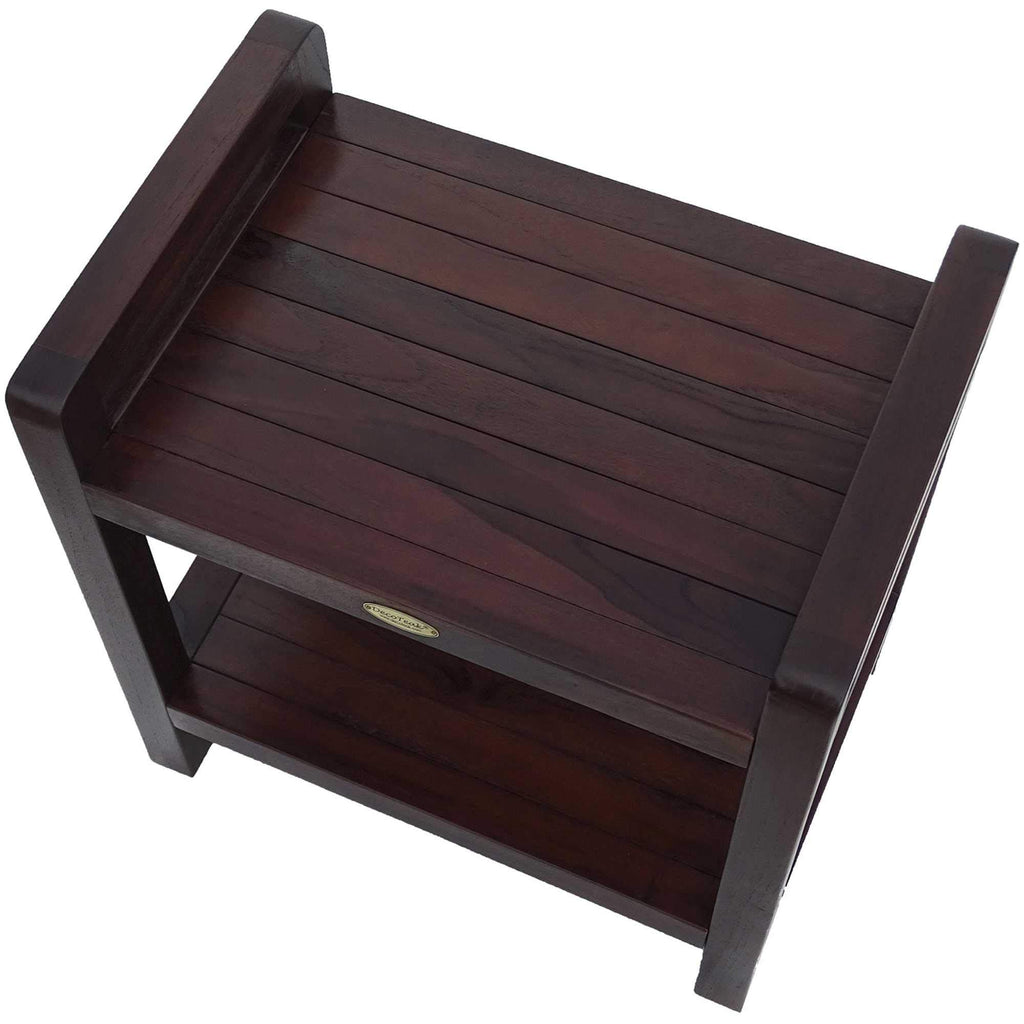 HomeRoots Dark Brown Compact Rectangular Teak Shower/Outdoor Bench with Shelf and Liftaide Arms in BrownFinish