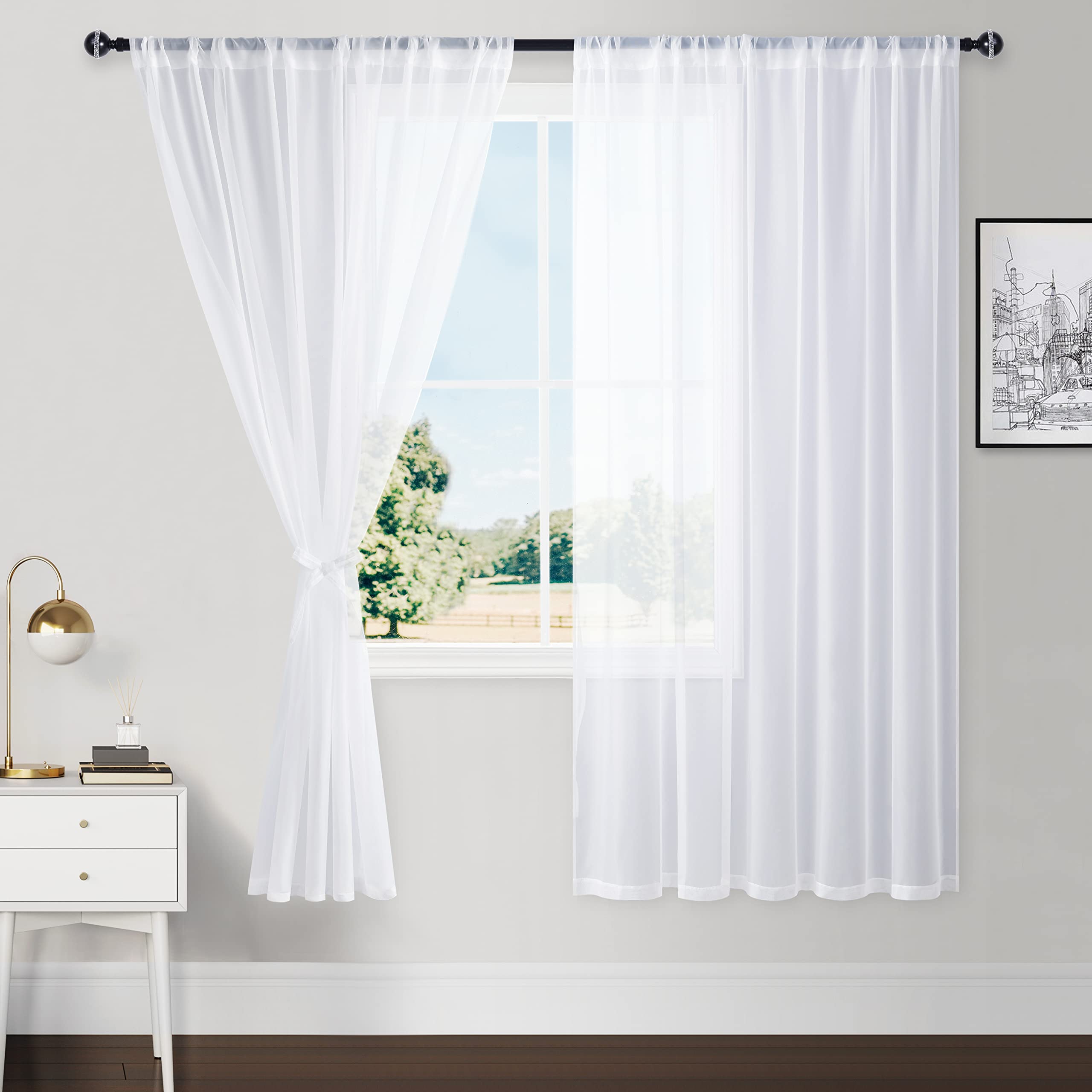 Hiasan White Sheer Curtains For Bedroom With Tiebacks, Light Filtering Voile Textured Drape Airy Extra Wide Window Curtains For