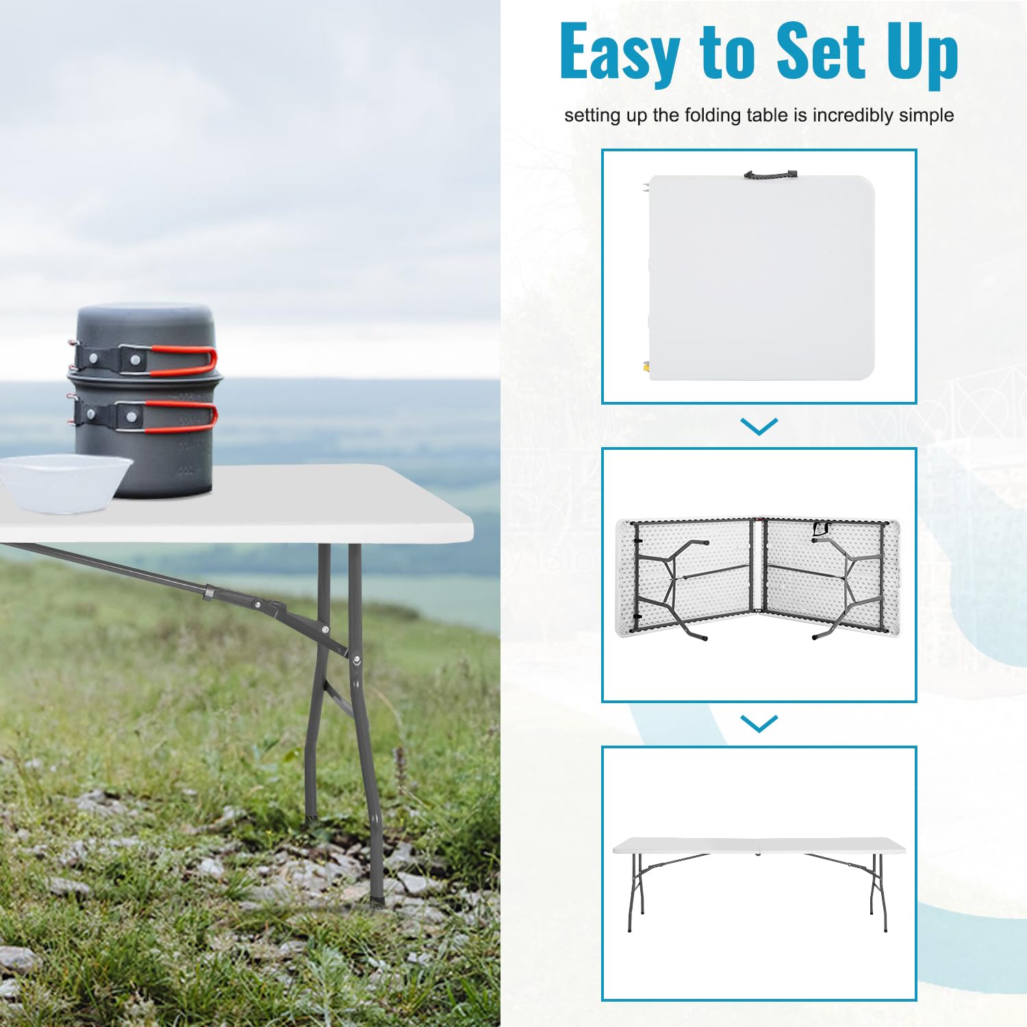 Paylesshere Folding Tables Plastic 8Ft Half Portable Foldable Table For For Parties Wedding Bbq Camping, White 8 Ft