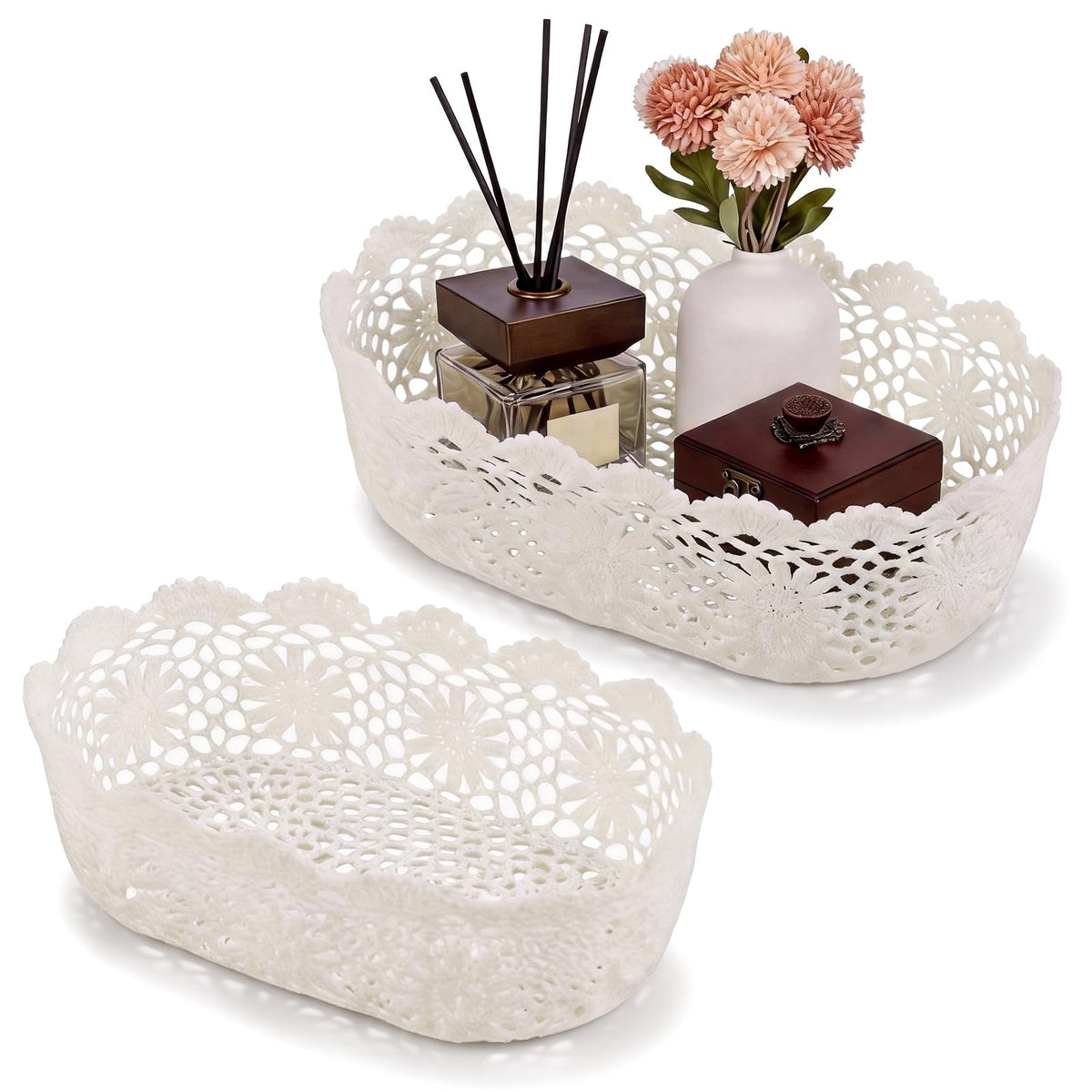 Wenqik 2 Pcs White Lace Doilies Storage Basket Large & Small Two Sizes