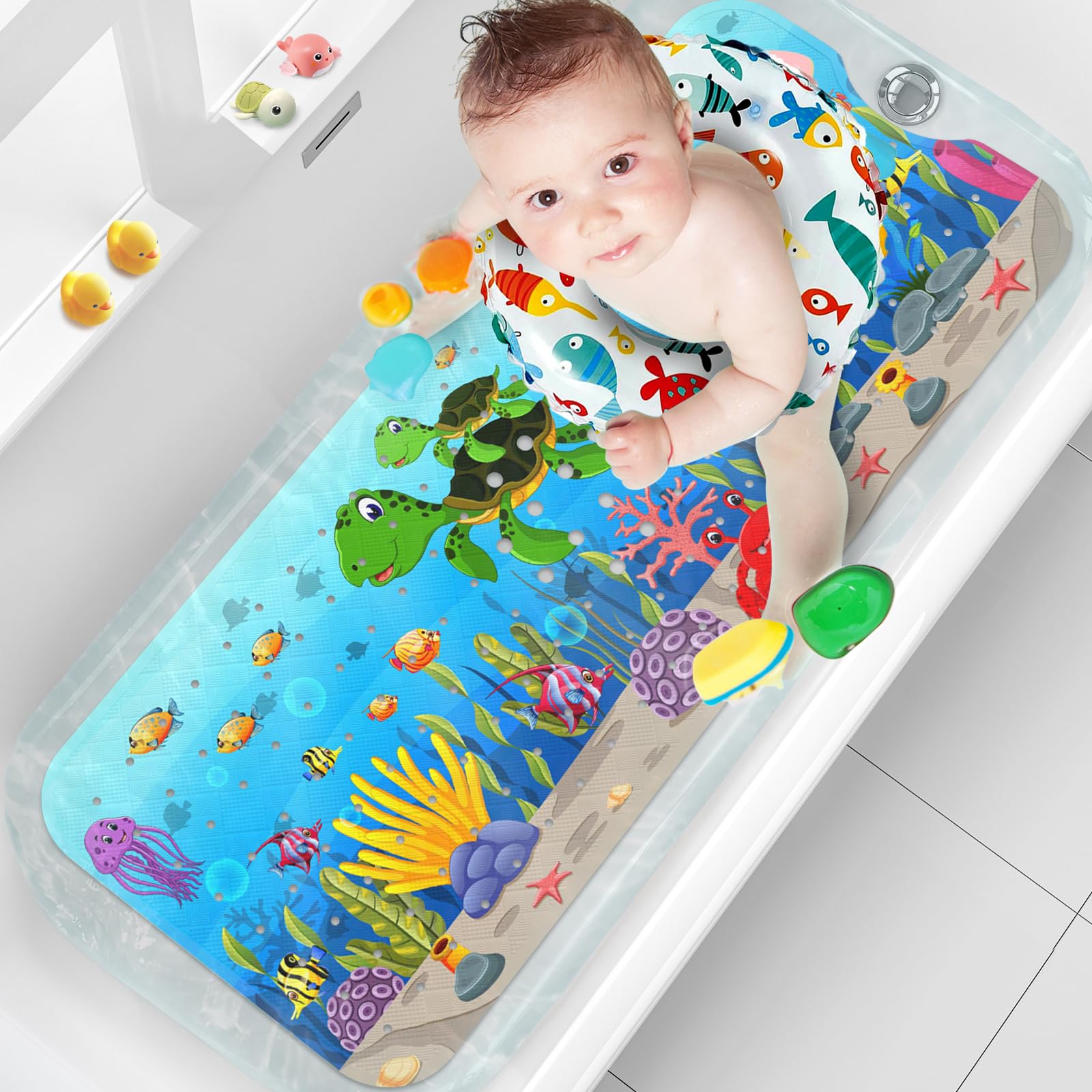 XIYUNTE Baby Bath Mat for Tub for Kids, 40 X 16 Inch Extra Long Kids Bathtub Mat Non Slip, Cartoon Patterned Bath Tub Shower Mat