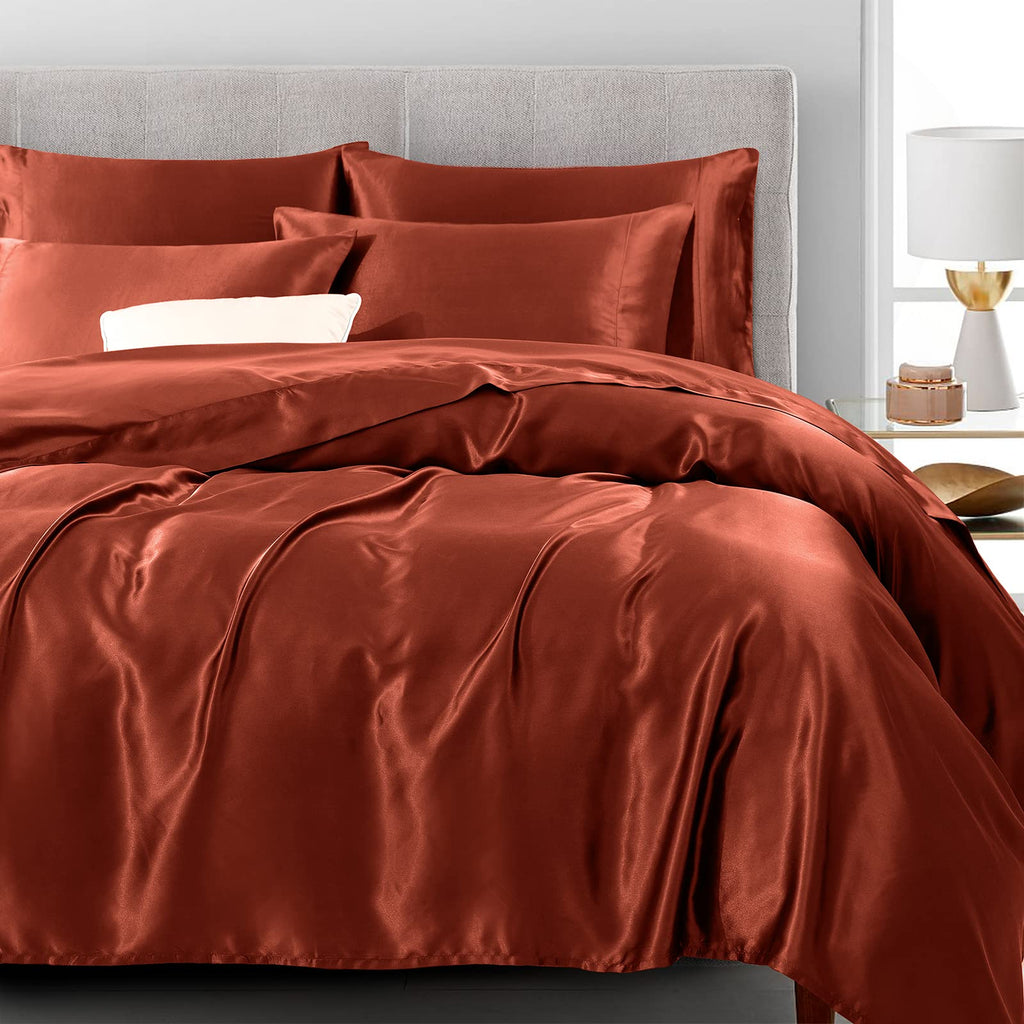 Treely 6 Piece Satin Sheets Queen Size Silky Smooth Orange Rust Satin Sheet Set With Deep Pocket, Satin Fitted Sheet, Flat Sheet