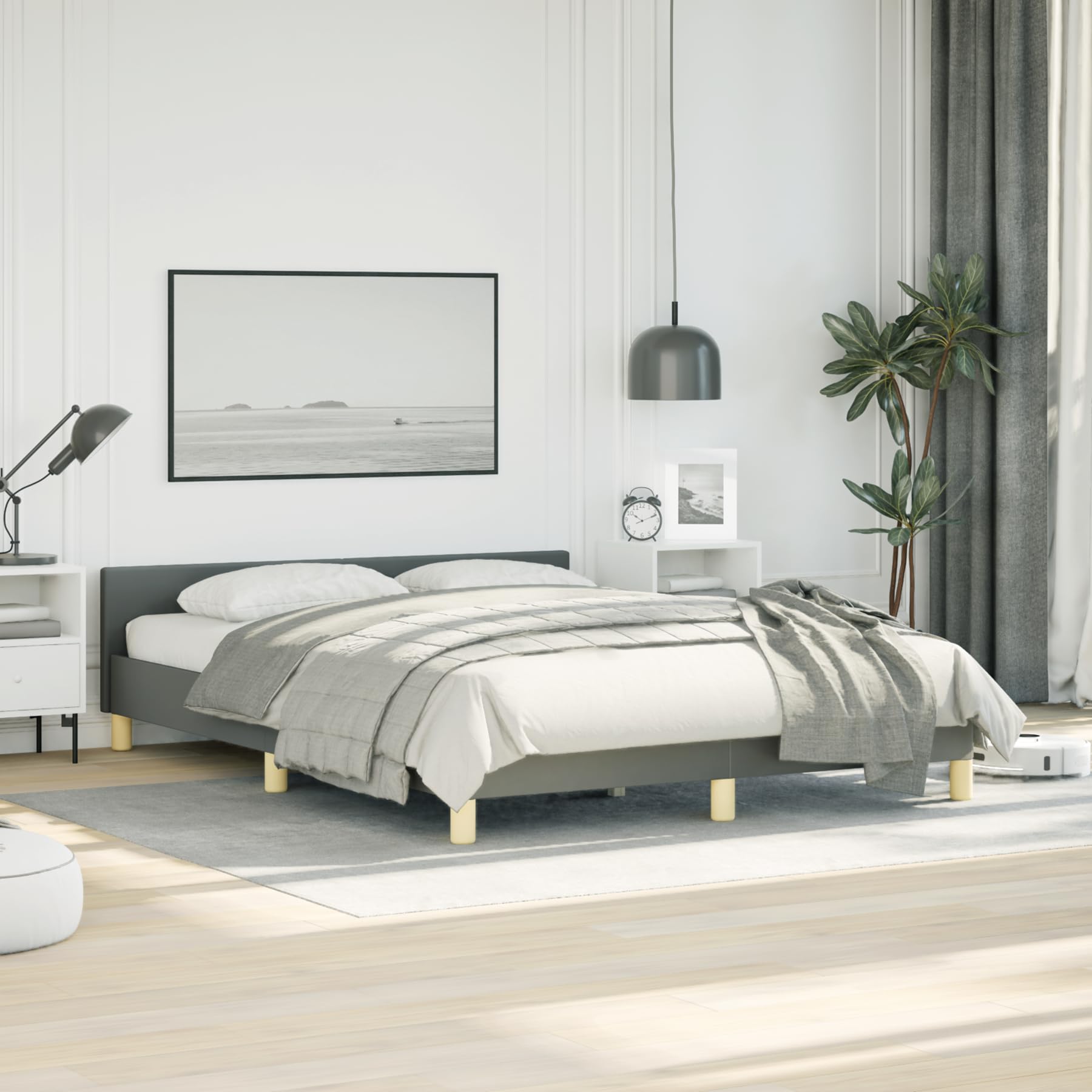 vidaXL Fabric Bed Frame Platform Bed, Scandinavian Style/Slats Support/No Box Spring Needed/Without Mattress/Easy Assembly, Dark Grey Queen Bed