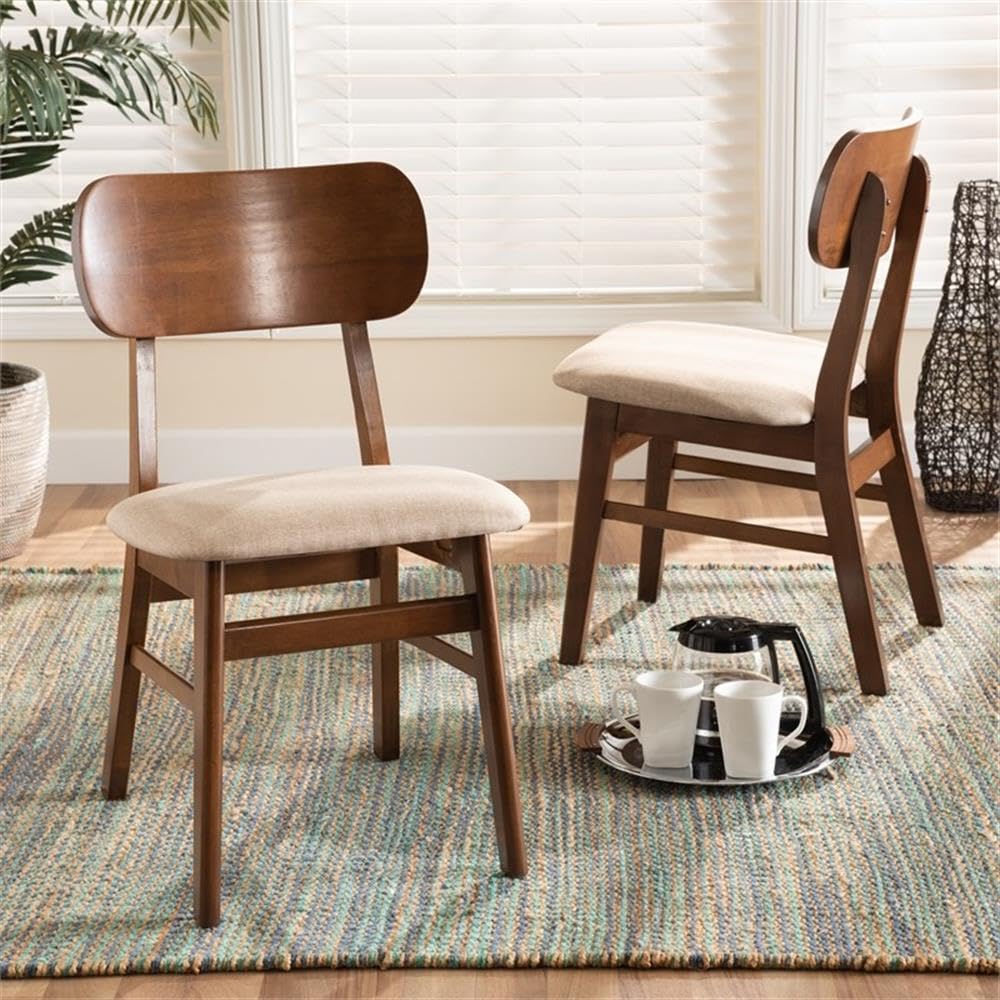 Baxton Studio Euclid Mid-Century Modern Sand Fabric Upholstered and Walnut Brown Finished Wood 2-Piece Dining Chair Set
