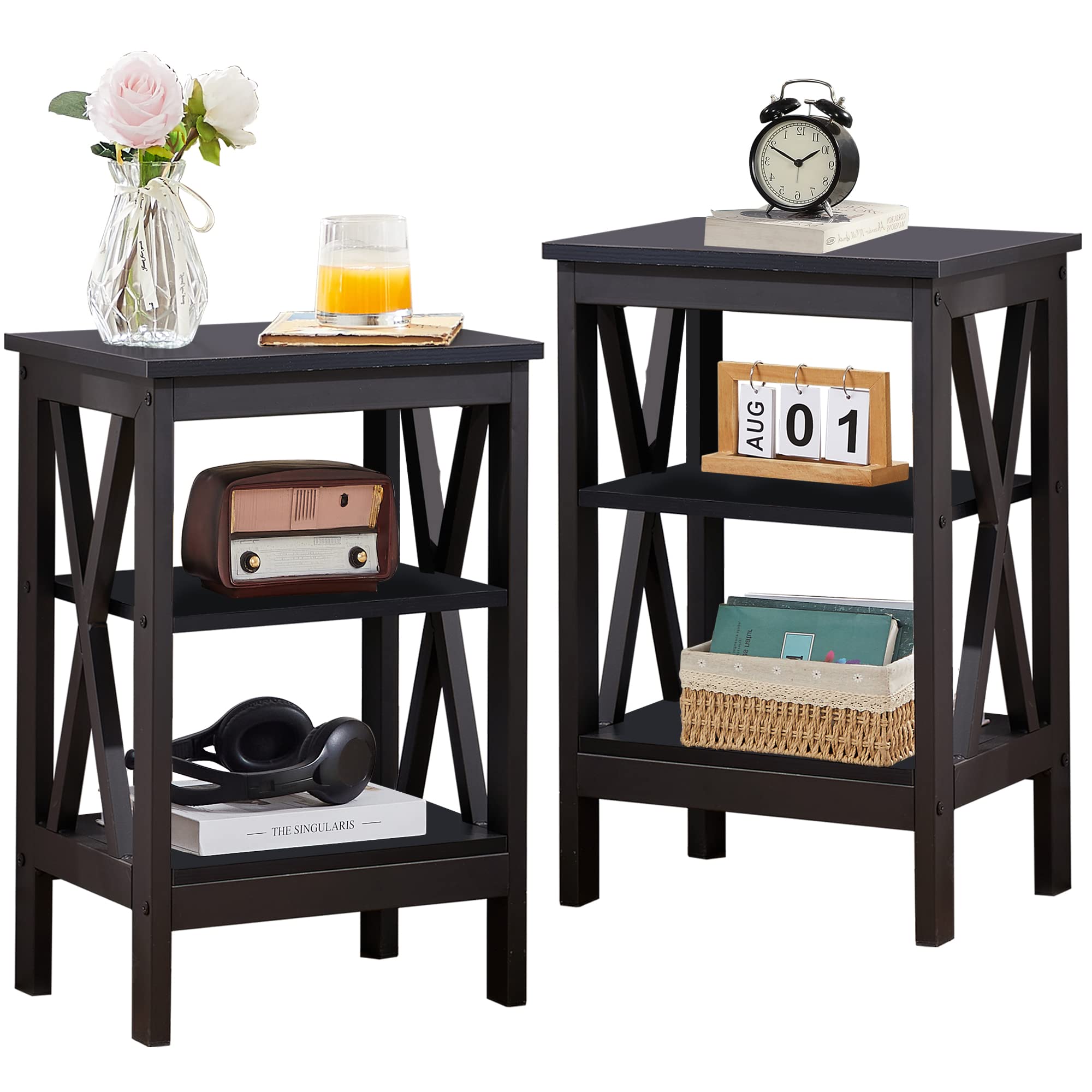 VECELO Modern Nightstands X-Design Side End Table Night Stand with Storage Shelf for Bedroom,Living Room,Set of 2 (Black A2)