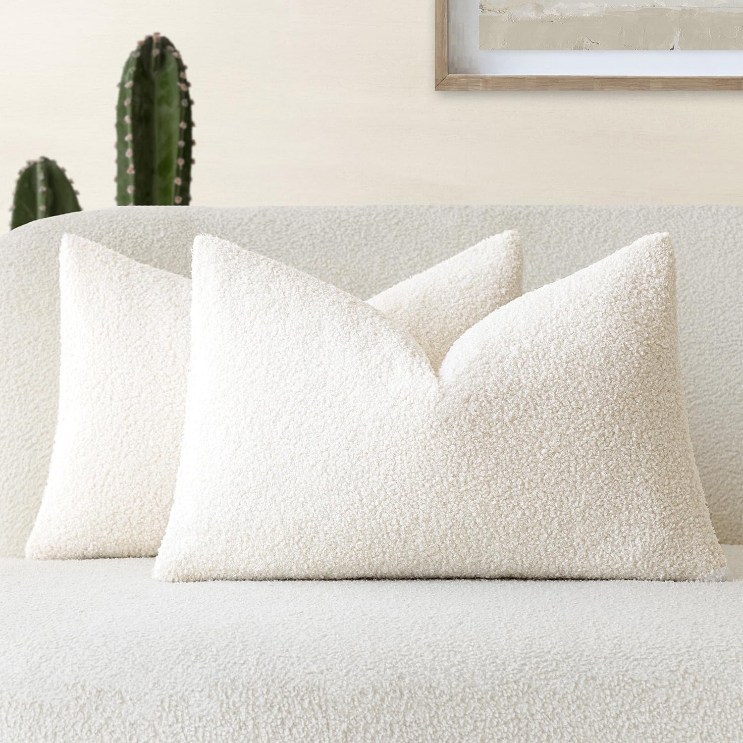Foindtower Pack Of 2, Curly Faux Fur Decorative Throw Pillow Covers Soft Neutral Plush Cushion Case Cozy Fluffy Furry Boho Pillo