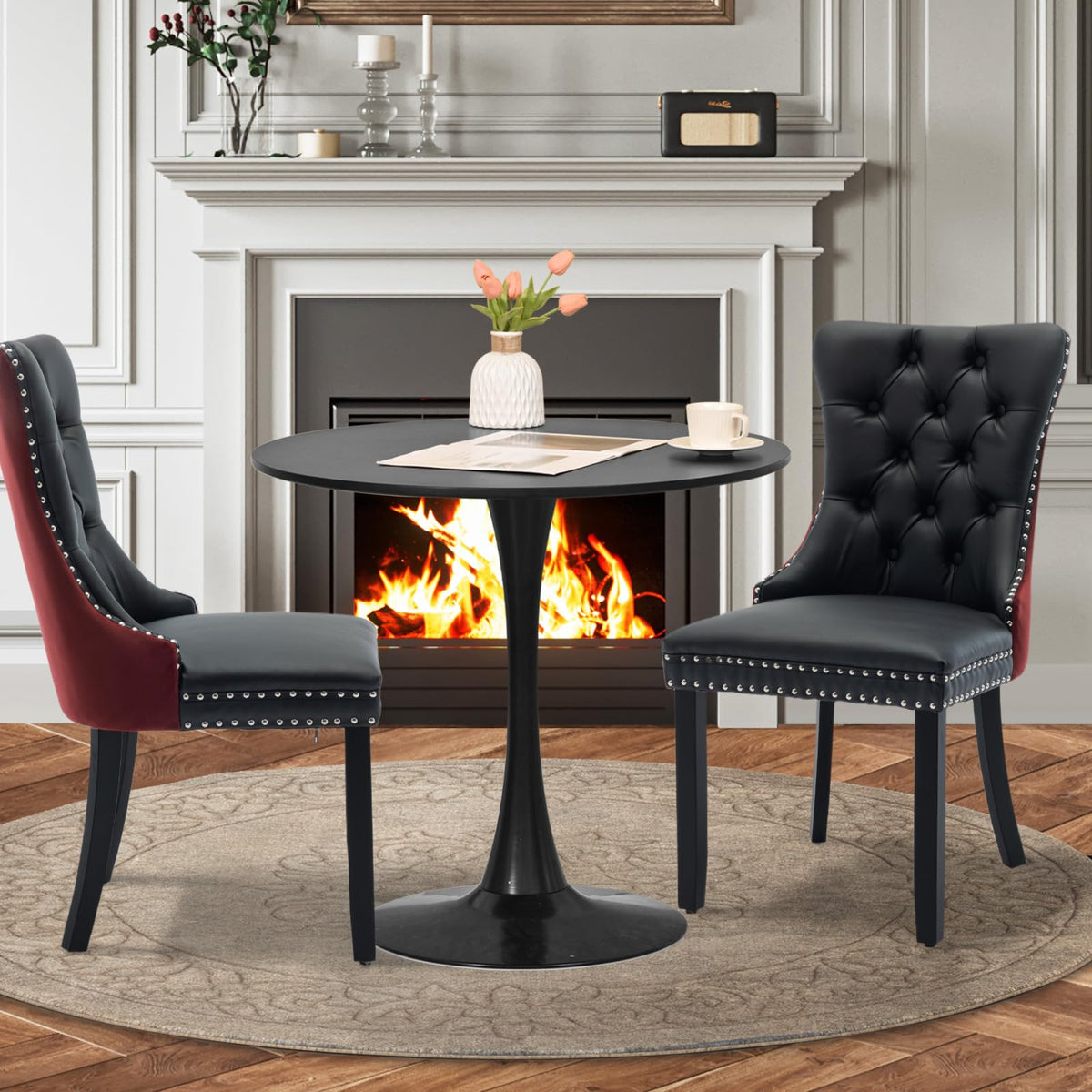 Soartalent 3-Pieces 31.5' Round Dining Table Set For 2, Black Dining Table & Pu And Velvet Upholstered Dining Chairs Set Of 2 F