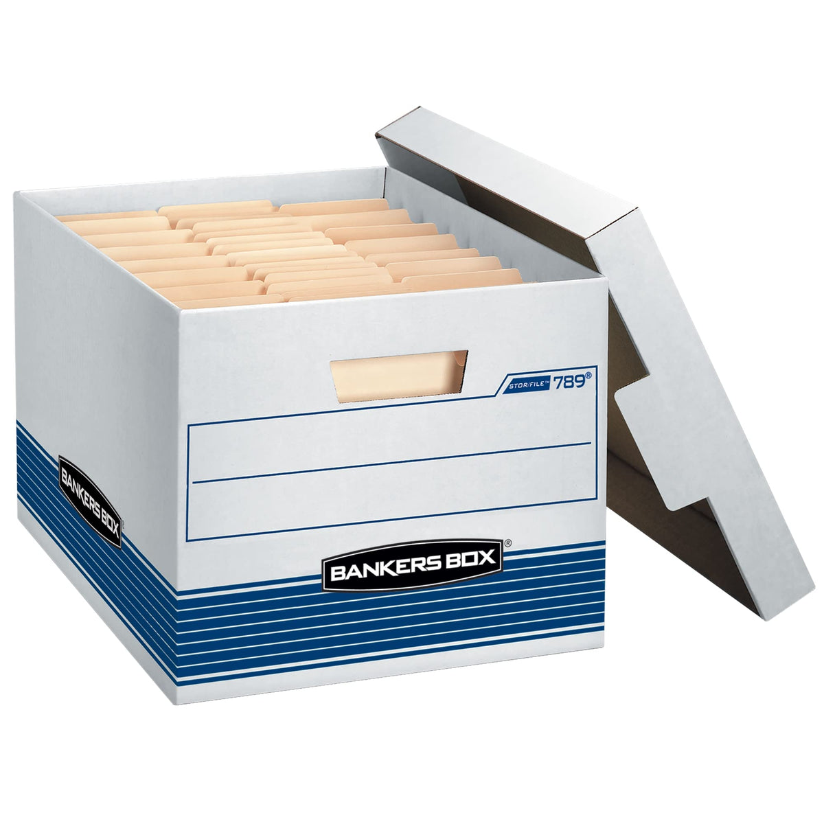 Bankers Box 12 Pack Stor/File Medium-Duty File Storage Boxes, Fastfold, Lift-Off Lid, Letter/Legal, White/Blue